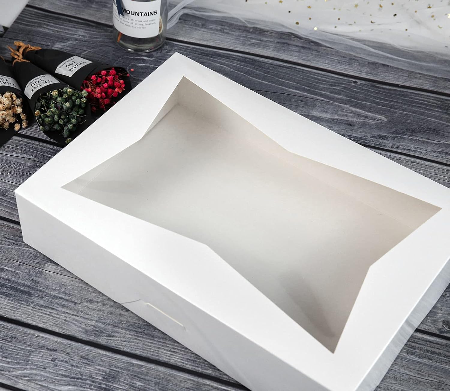 8-PACK White Pastry Bakery Box 16x11x2.75inch,Large Donuts,Muffins,Cookies Boxes with PVC Window Auto-Pop up Paper Box Nature Cardboard Take Out Container,Hold 12 Donuts,Pack of 8