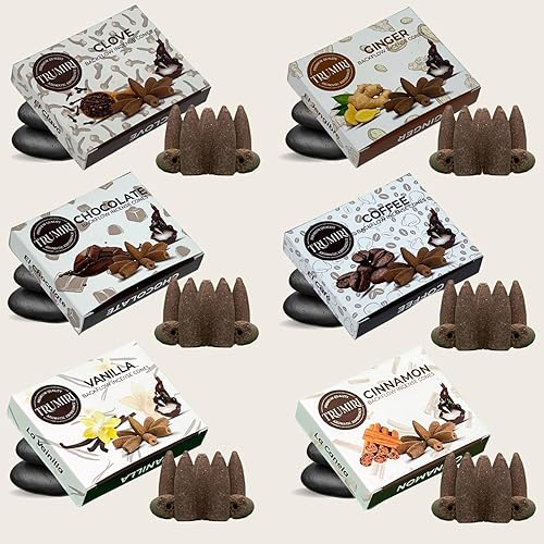 Miniatura 8 de Trumiri Conos de incienso gourmet de reflujo  Paquete variado  Total 60 conos de incienso cascada (6 aromas x 10 conos)  Vainilla, canela, café,