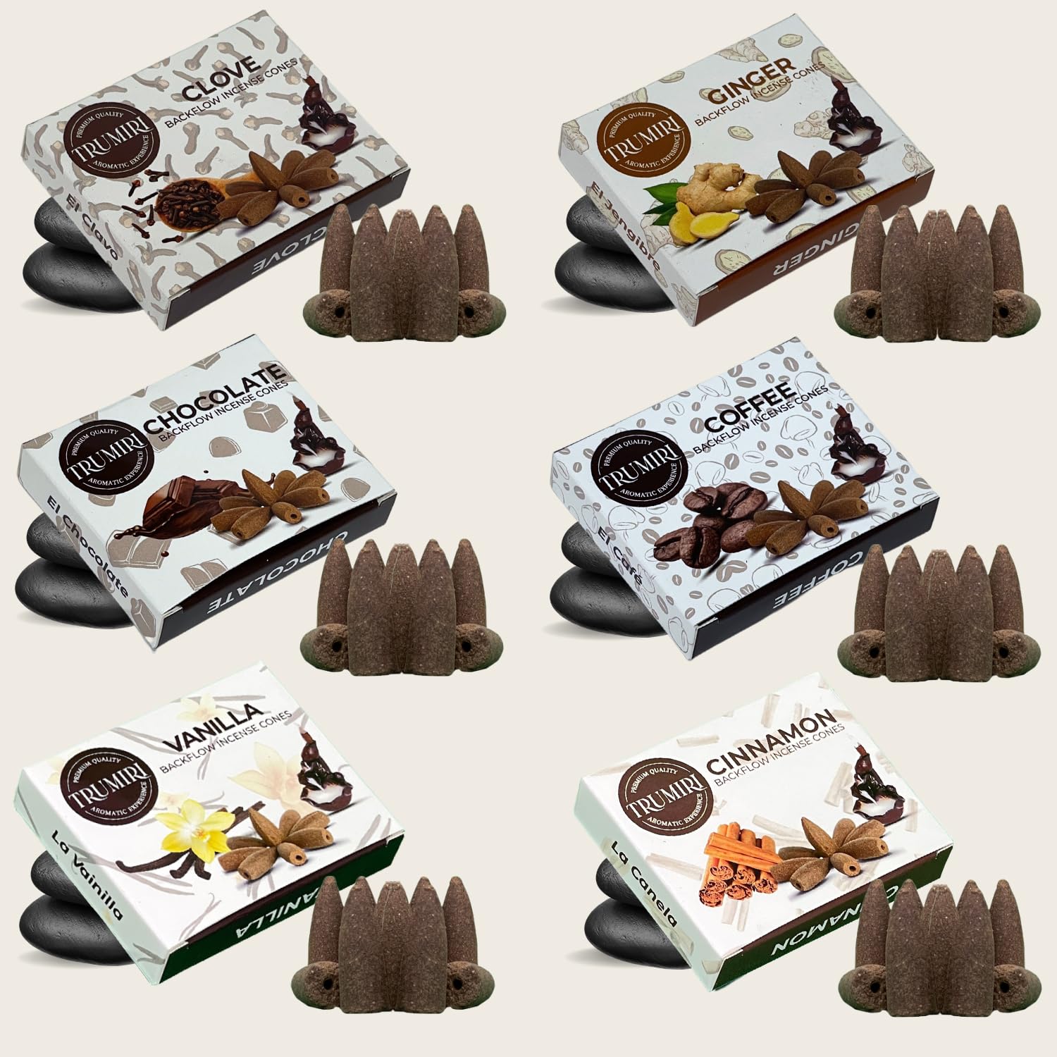 Trumiri Gourmet Rückfluss-Räucherkegel – Sortimentspackung – insgesamt 60 Räucherkegel Wasserfall (6 Düfte x 10 Conos) – Vanille, Zimt, Kaffee, Schokolade, Nelke, Ingwer – Räucherkegel