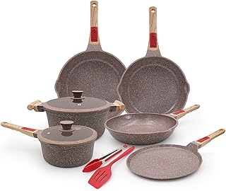 AIKENBBKK Pot and Pan Set, 10 Pieces, Non-Stick Ceramic Coating, Cookware Set with Removable Handle, Pan with Lid, PFOA-Free