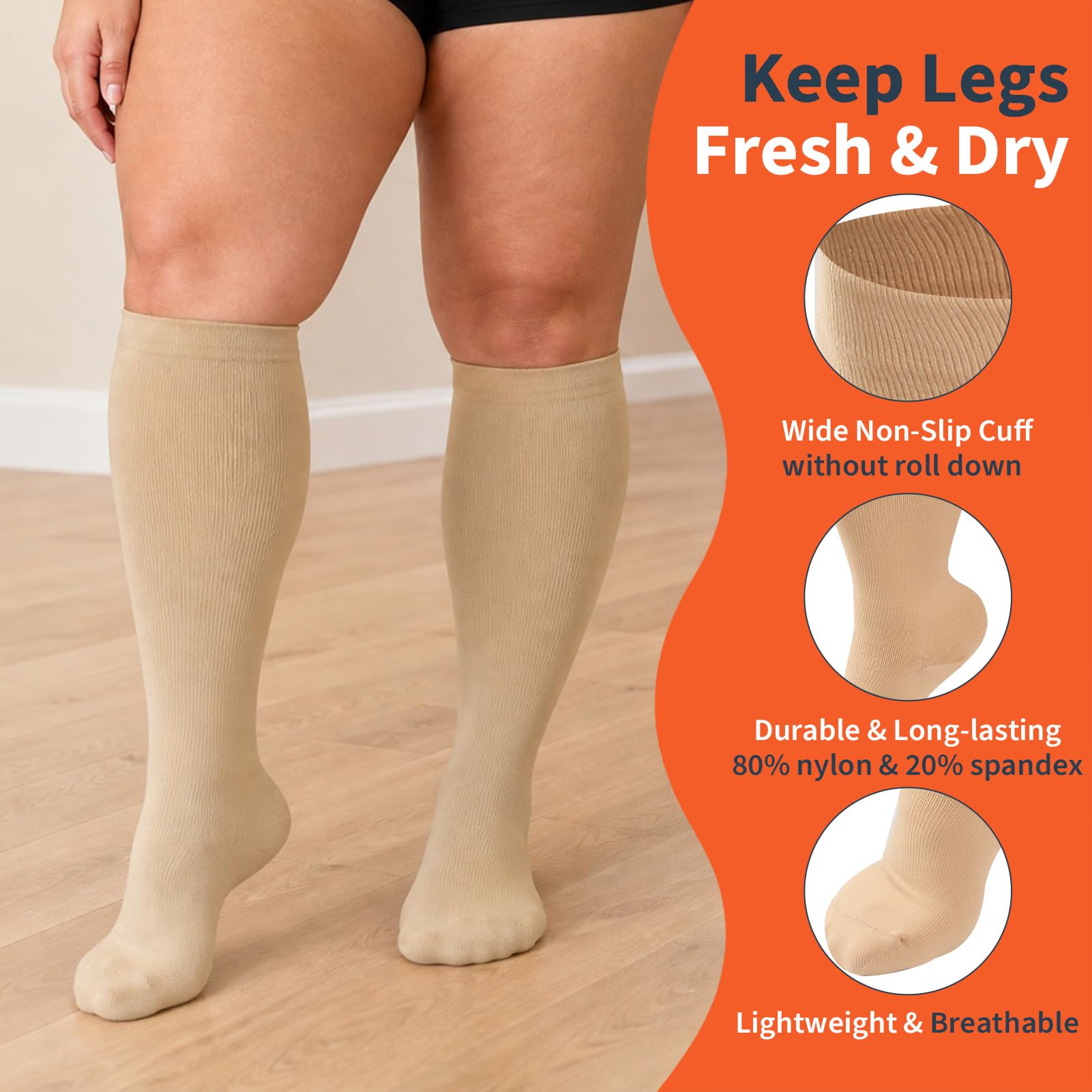 4 pares de calcetines de compresión de talla grande para mujeres y hombres, pantorrilla extra ancha de 20-30 mmHg, medias de compresión hasta la rodilla para apoyo de la circulación e hinchazón
