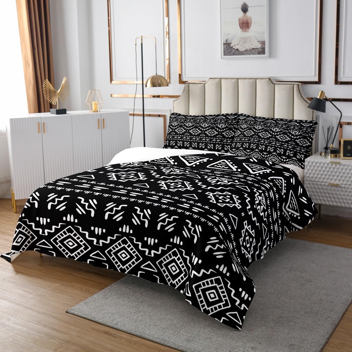 Tribal Aztec zestaw pościeli w rozmiarze M, czeskie paski, pościel dla dziewcząt, nastolatków, etniczna kamizelka sounthwest, czarna, miękka kołdra z poliestru, zestaw na cały sezon