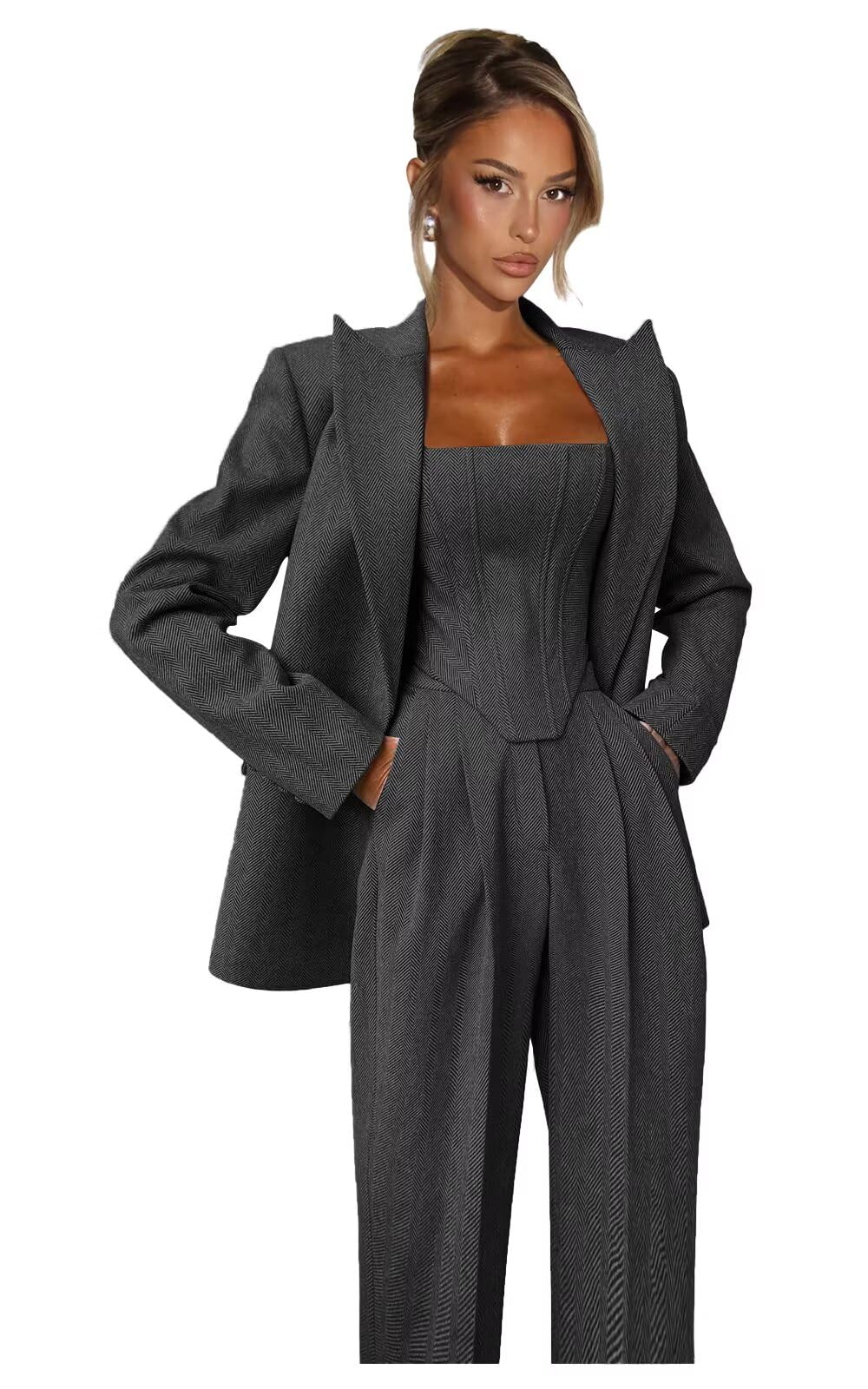 Tweed Suits for Women Business Casual 3 Piece Double Breasted Pant Suits for Women Herringbone Womens Suit