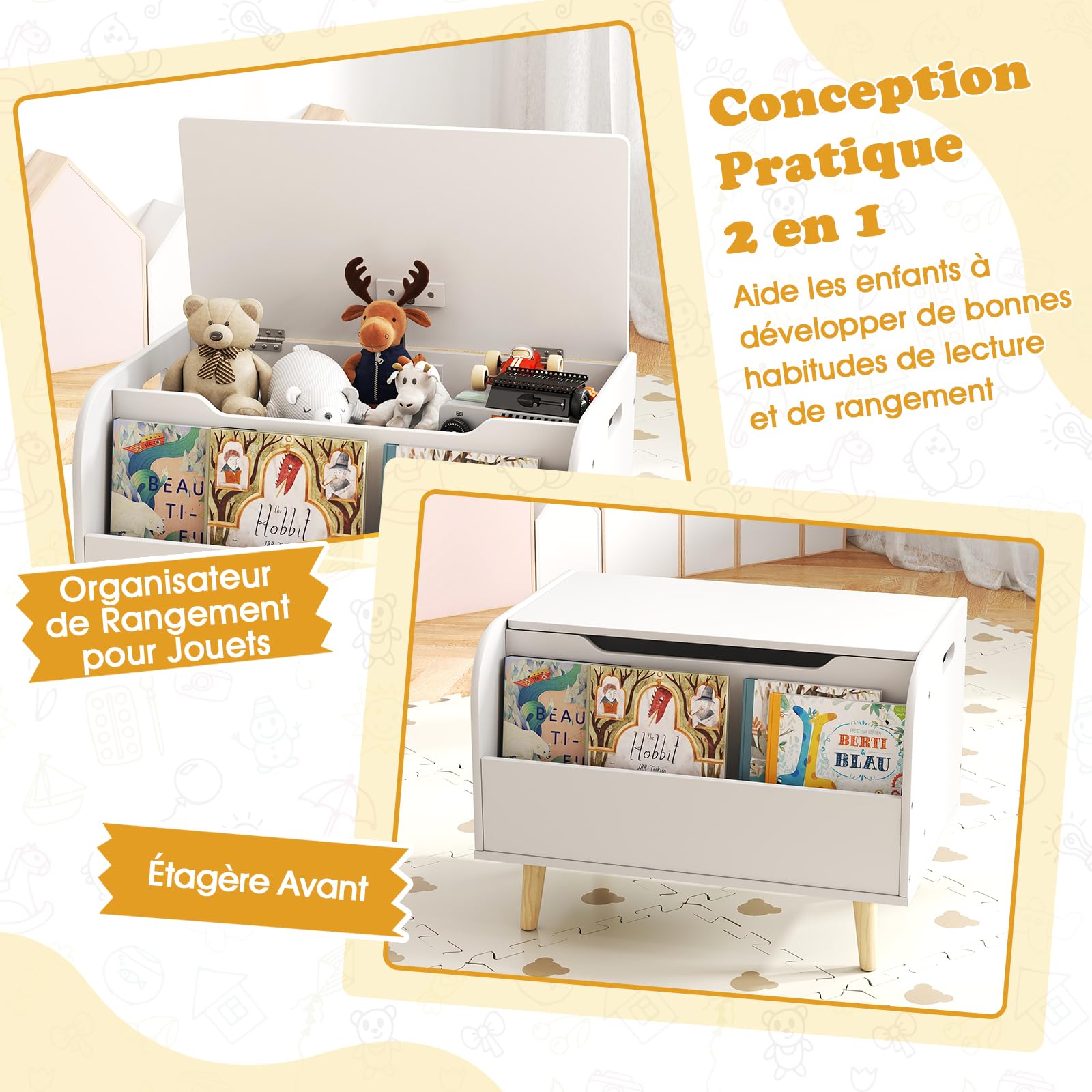 COSTWAY Coffre à Jouet Enfant avec Couvercle Rabattable et Bibliothèque Frontale, Coffre de Rangement Enfant avec 4 Pieds en Pin, Charnière de Sécurité, Organisateur pour 3 Ans+, 60x40x43cm (Blanc)