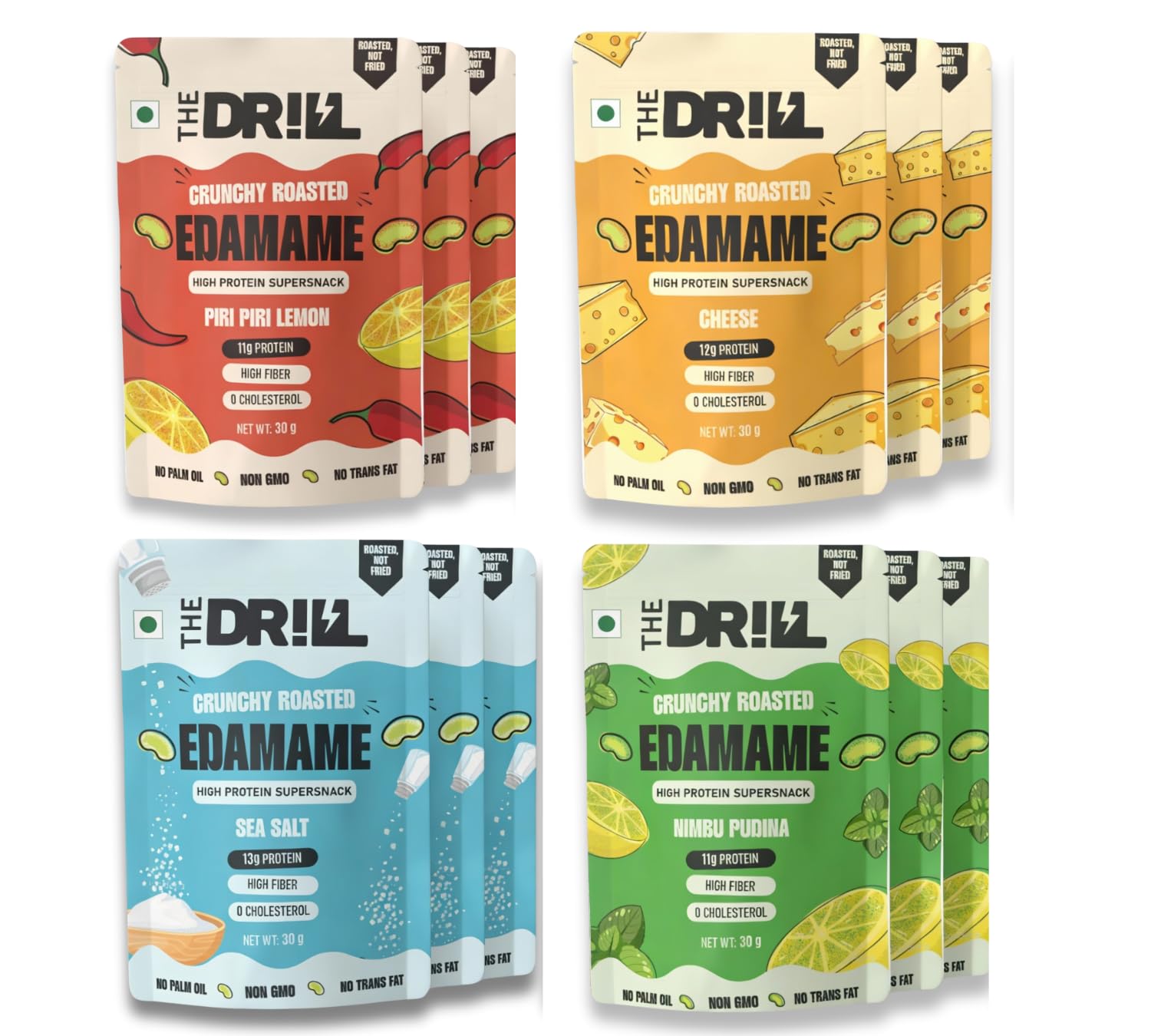 The Drill Crunchy Roasted Edamame Beans – Assorted Flavours (Piri Piri Lemon,Cheese, Sea Salt, Nimbu Pudina) | Roasted Not Fried | 30 g Each (Pack of 12) | High Protein & High Fibre | No Preservatives | 0 Cholesterol-image-12