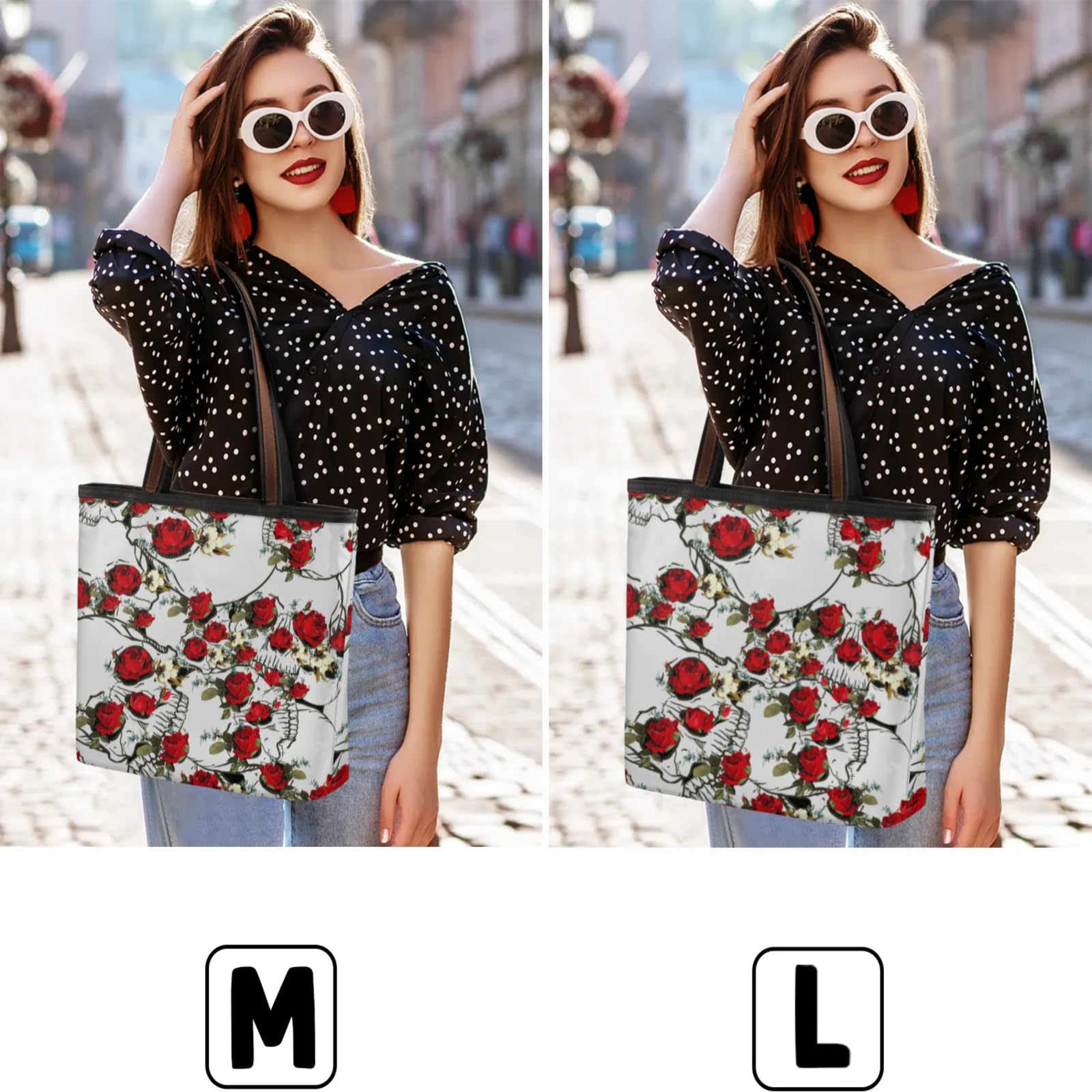 Rose Skulls Tote Bag Multi Pocket Zippered Beach Bag Lightweight Waterproof Handbag for Women Men Work Gym Travel Swimming Yoga Grocery Shopping M