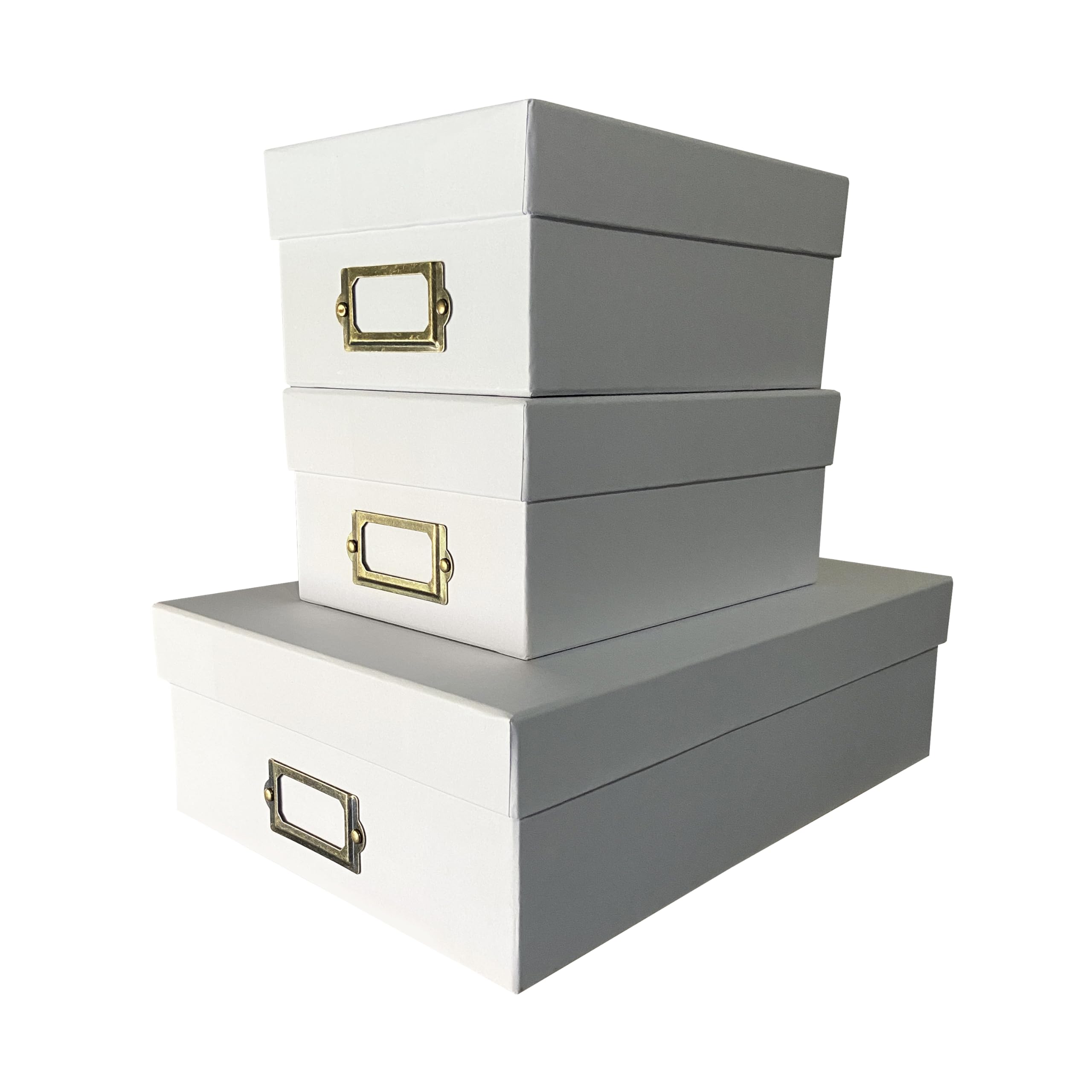 TIDY UP Lote 3 cajas organizador de documentos, Caja rigida para almacenaje con tapa y etiqueta. Organización Oficina y Casa, cartón forrado. (BLANCO)