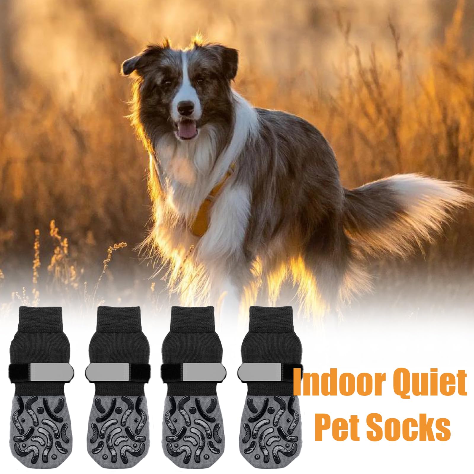 4 Pièces Chaussette Antidérapante Chien, Chaussette Chien avec Bandes de Fixation Réglables avec Renforcement en Caoutchouc Protège, Double Face Antidérapante sur Sol en Bois Dur (L)