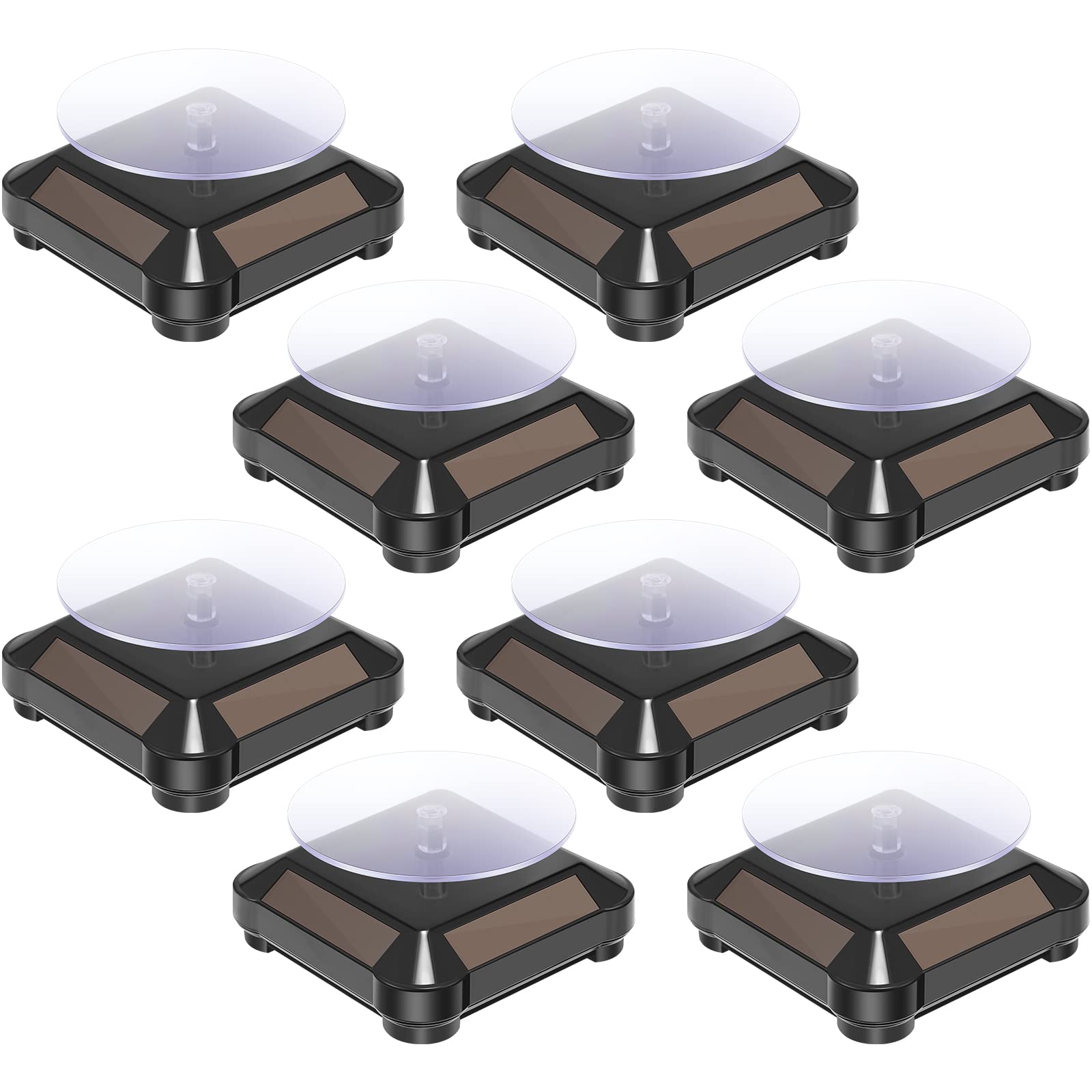 Photo 1 of Xuhal 8 Pcs Solar Rotating Stand Turntable Battery Powered Double Use Solar Display Stand Jewelry Spinner 360 Degrees Solar Showcase Base Watch Hobby Collection Shelf for Table (Black)