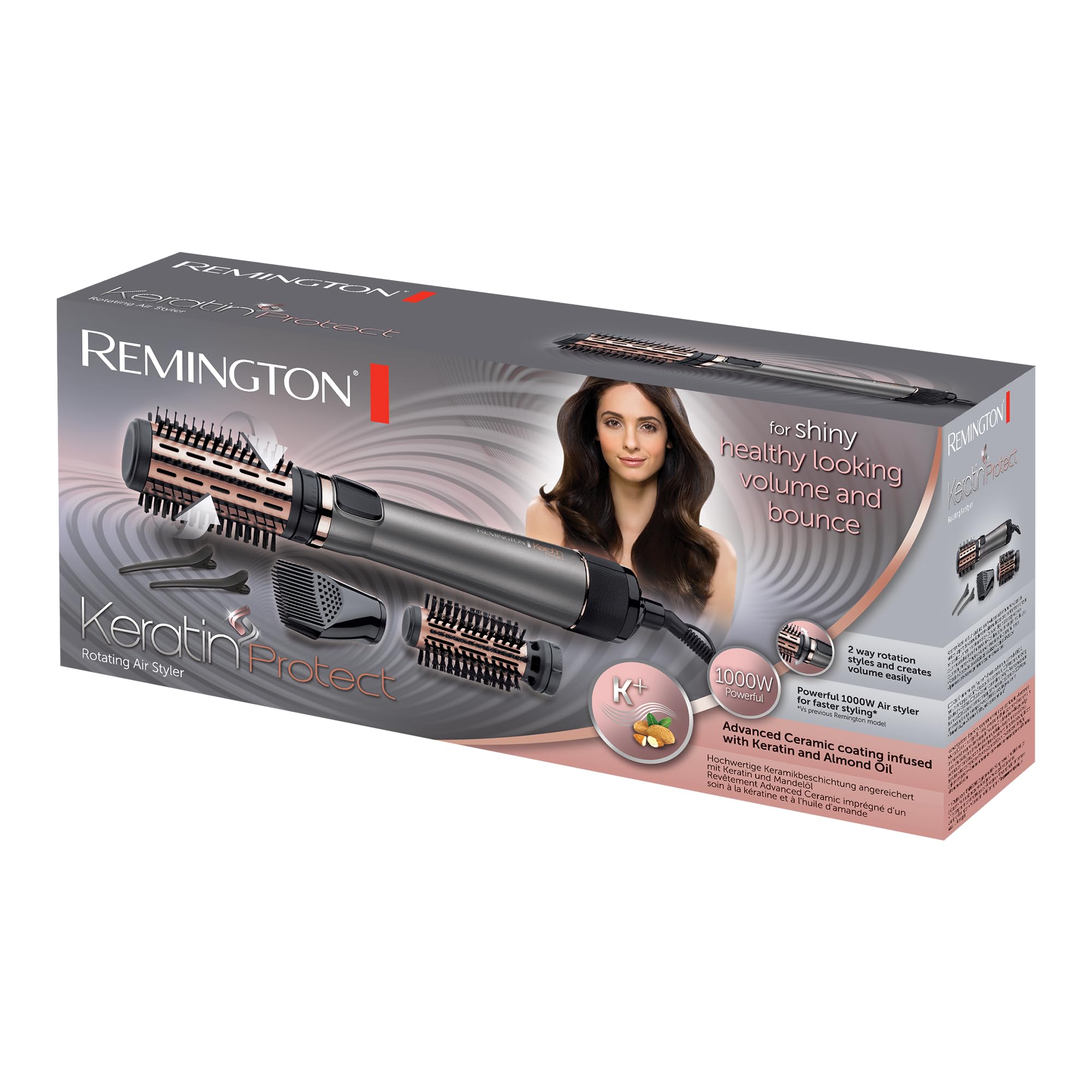 Remington Spazzola rotante per capelli, Asciugacapelli, 1000 W, Setole Morbide (40/50 mm), 2 Velocità e Temp, Rivestimento in Ceramica con Cheratina e Olio di Mandorle, Keratin Protect AS8811