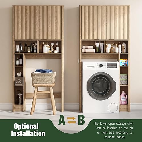 Miniatura 6 de Armario de almacenamiento sobre el inodoro de 31 pulgadas de ancho, roble  Organizador de baño con estantes ajustables, puertas con patrón de ondas