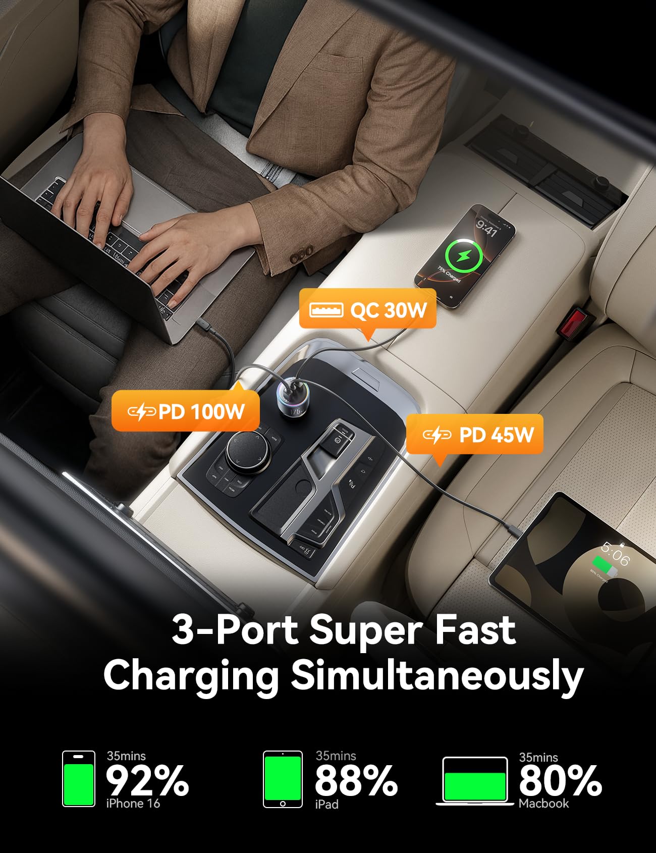 JOYROOM 175 W 3-portowa zapalniczka samochodowa USB C z kablem C-C 100 W, [3 chipy GaN] adapter do ładowarki samochodowej, PD100 W i QC3.0, szybka ładowarka samochodowa do iPhone17/16/Samsung S25