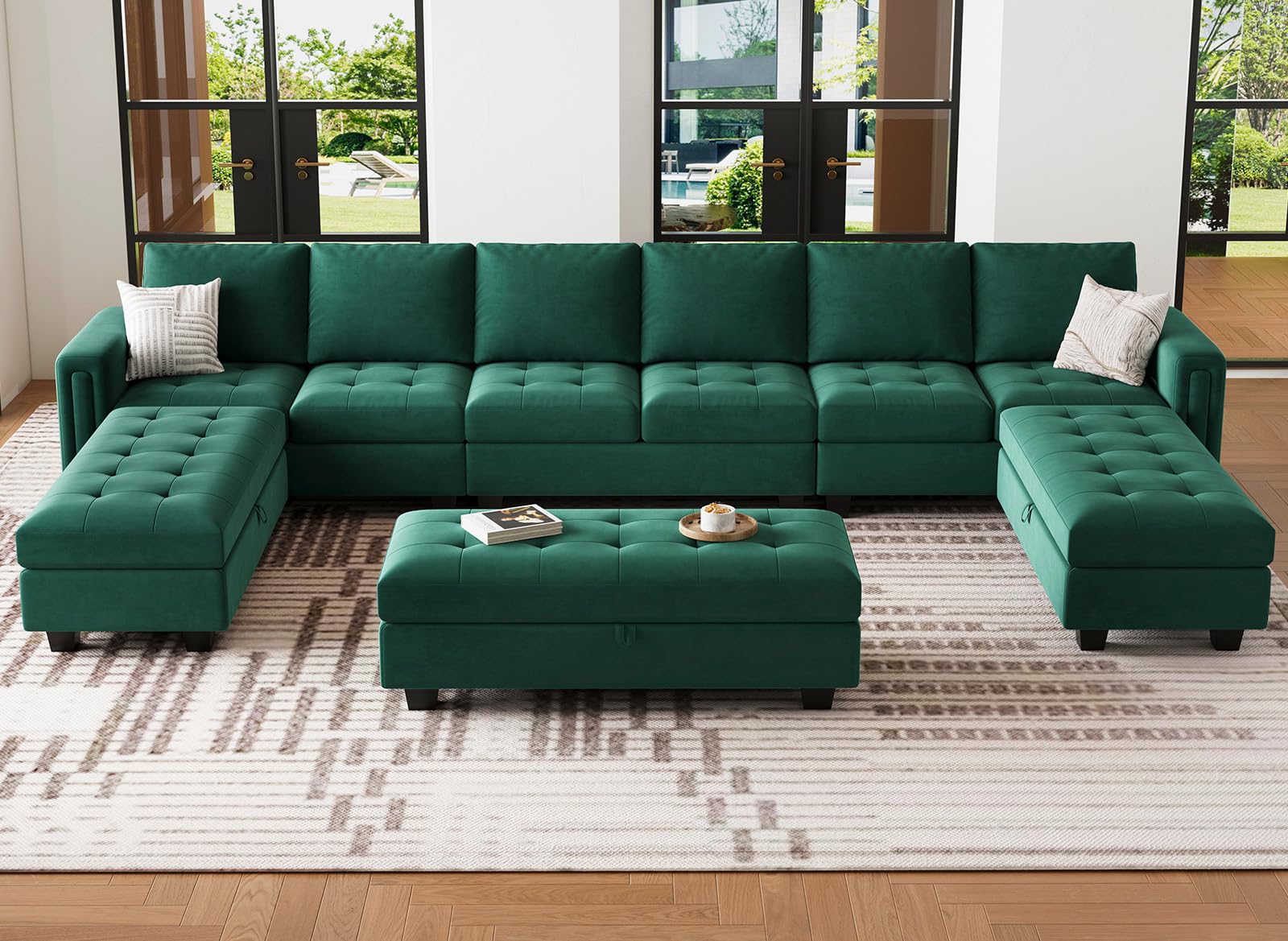 Belffin Modular U Shaped Sectional Couch with Storage Ottoman Velvet Modular Sectional Sofa 8-Seater Sofa with Reversible Chaises Green
