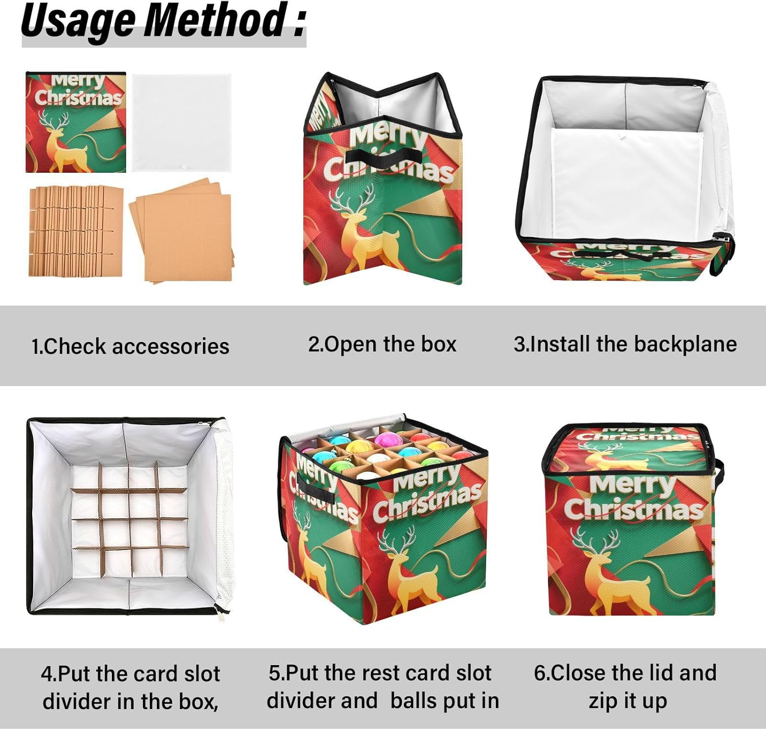 High Capacity Christmas ornament organizer storage Holds Up to 64, Adjustable Dividers, Zippered Top, Two Handles foldable Holiday Storage Case with Lid,Merry Christmas Deer Green Red