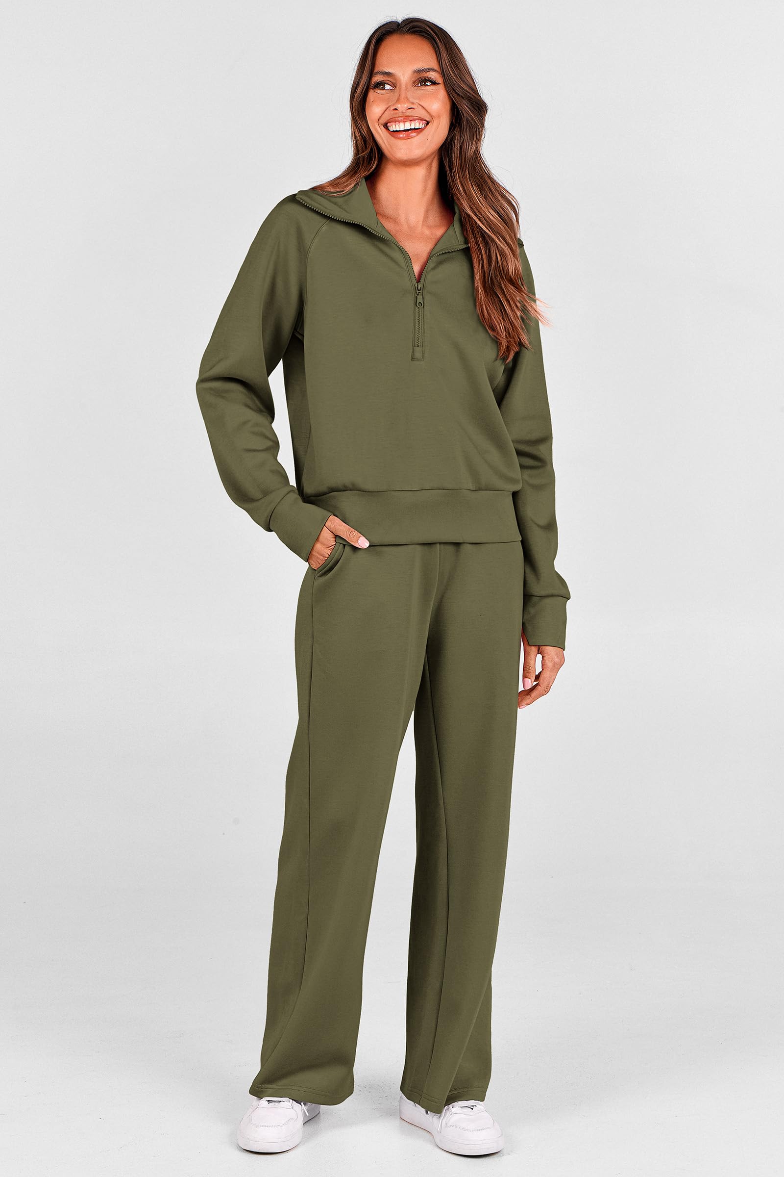 PRETTYGARDEN Women's 2 Piece Outfits Casual Lapel Half Zip Sweatshirts and Wide Leg Pants Tracksuit Sets — view 7