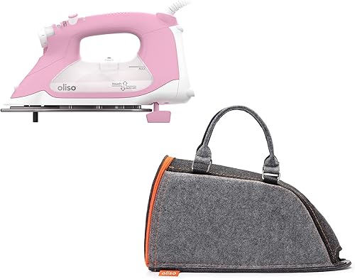 Oliso TG1600 Pro Plus SmartIron de 1800 vatios con elevación automática Plancha de vapor con suela de flujo de cerámica de diamante (rosa) + bolsa