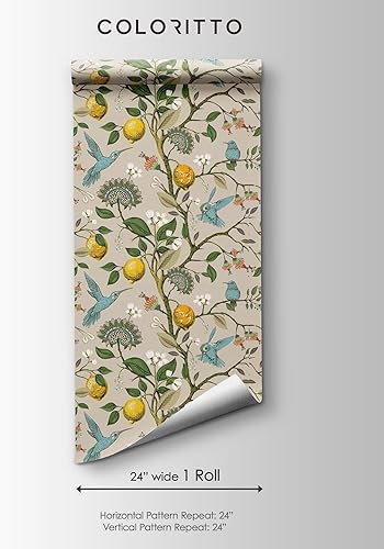 Miniatura 5 de Papel pintado beige de colibrí y árbol de limón, mural autoadhesivo extraíble de pájaros, papel tapiz botánico para despegar y pegar (1 rollo de 24