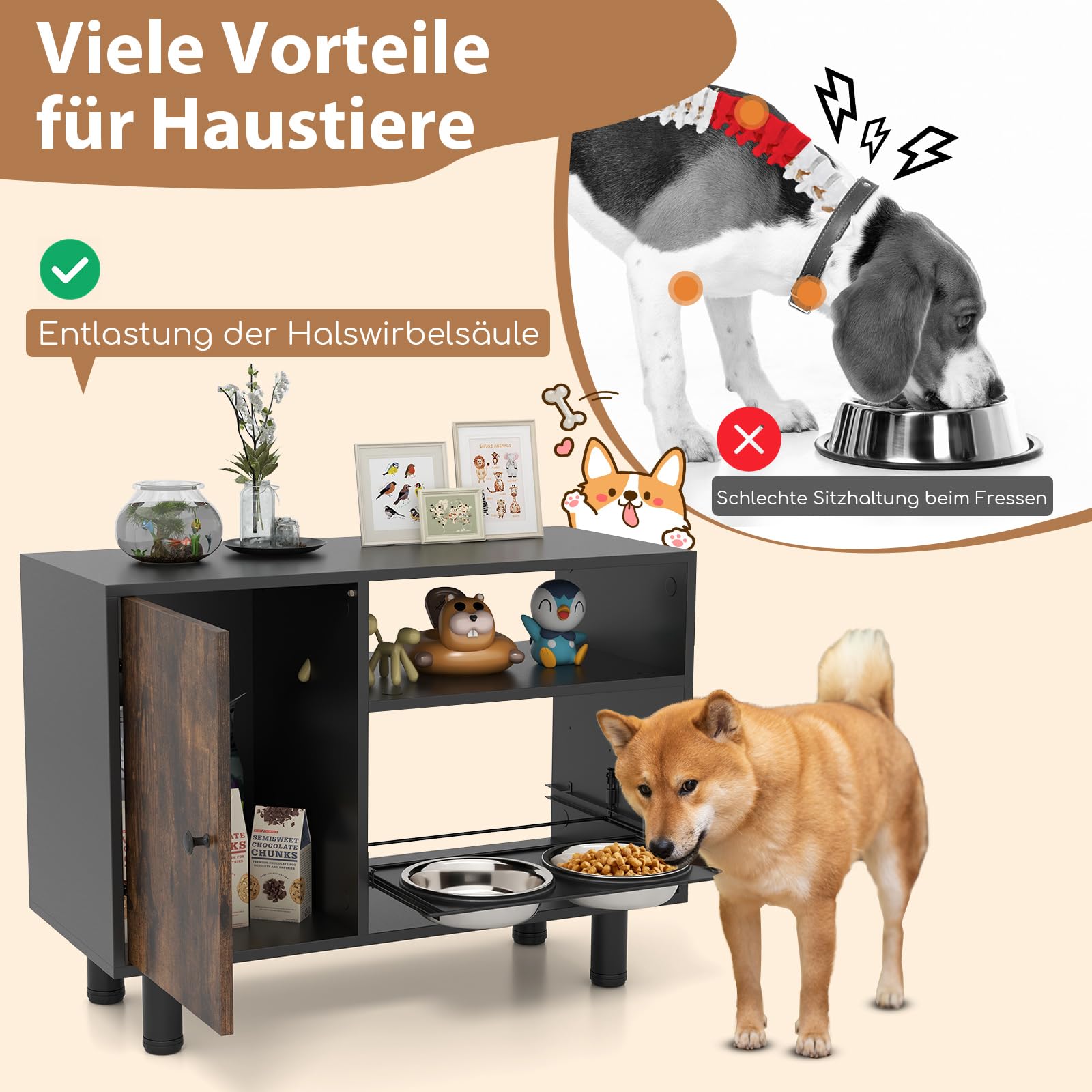 GYMAX Estación de Alimentación para Mascotas, Comedero Elevado para Mascotas con 2 Cuencos de Acero Inoxidable, Organizador Ajustable de Alimentos para Perros para Alimentación y Abastecimiento