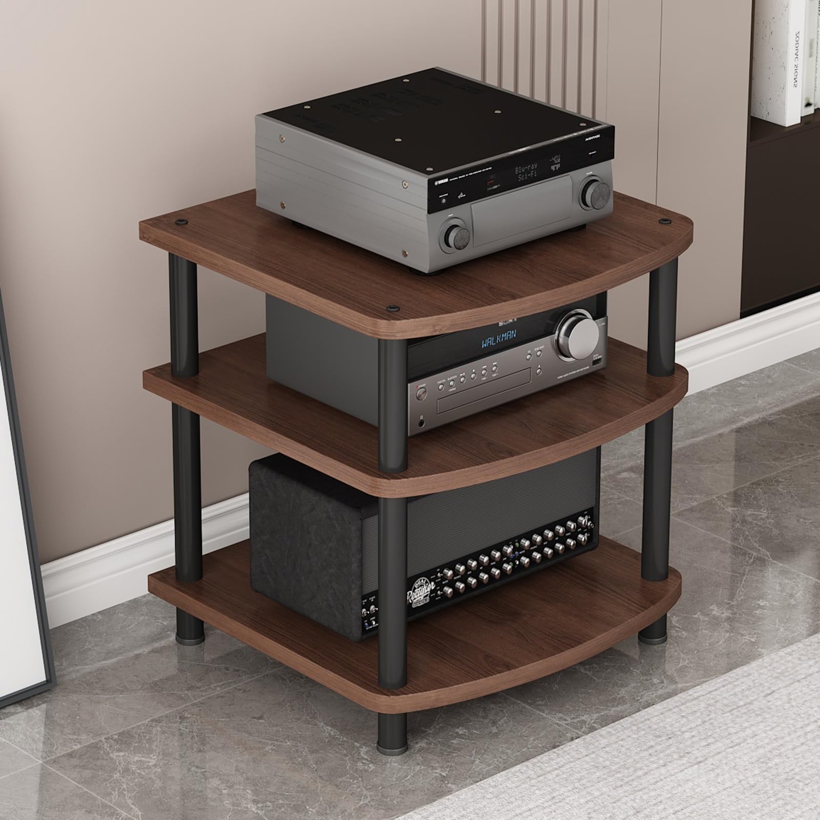 Supporto multimediale AV multifunzione, con piedini regolabili, supporto per lettore CD indipendente, armadietto per componenti stereo con ripiano in legno per casa, ufficio, home theater (noce, 3
