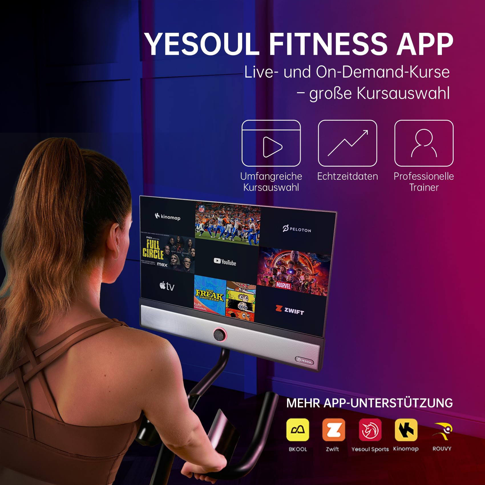 YESOUL G1M Plus Heimtrainer Ergometer, Leises Indoor Fitnessbike für Kardio Training mit 21,5" FHD-Bildschirm, Magnetischem Widerstand, 360°-Sound & Unbegrenztem Streaming