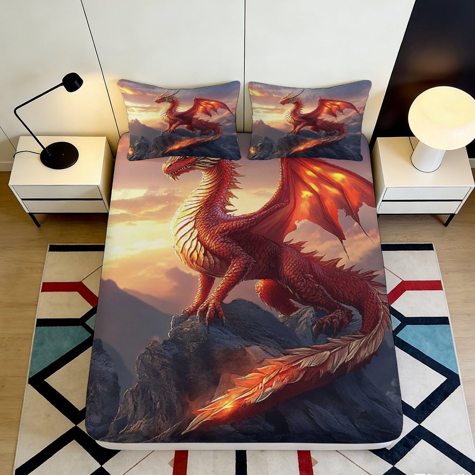 3D Printed Red Dragon Fitted Sheet Microfiber Soft Durable 3D Printed Fire Dragon Mattress Cover for Bedroom Dormitory Guest Room Protection 160x200x25cm