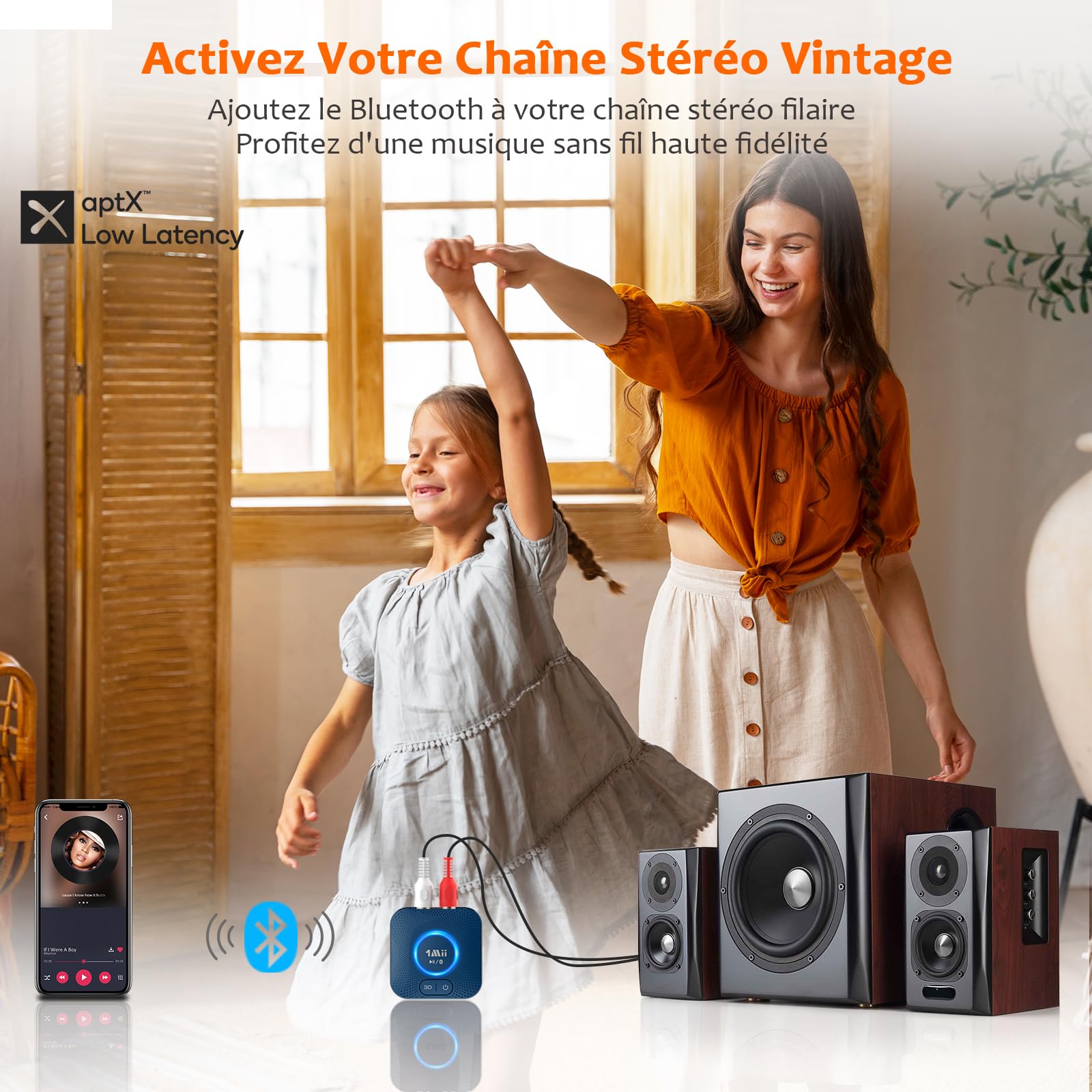 1Mii B06HD Récepteur Audio Bluetooth 5.1, Adaptateur Bluetooth pour HiFi Système Stéréo Domestique, avec aptX HD Faible Latence Low Latency 3D Surround, 15hrs Playtime, RCA 3,5mm AUX Jack