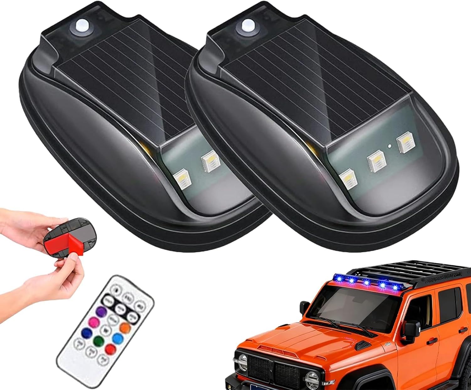 Photo voltaic Automobile Roof RGB Strobe Mild with Distant Management, 8 Colours Wi-fi LED Strobe Lights, Waterproof Good Sensing Marker Mild for Motorbike, Car, Truck, Night time Driving (2Pcs)