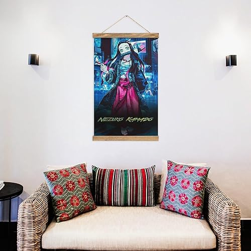 Miniatura 5 de BAWUTZ Nezuko Kamado - Póster de desplazamiento para pared, pintura colgante, marco de madera, kit magnético para decoración de sala de estar,