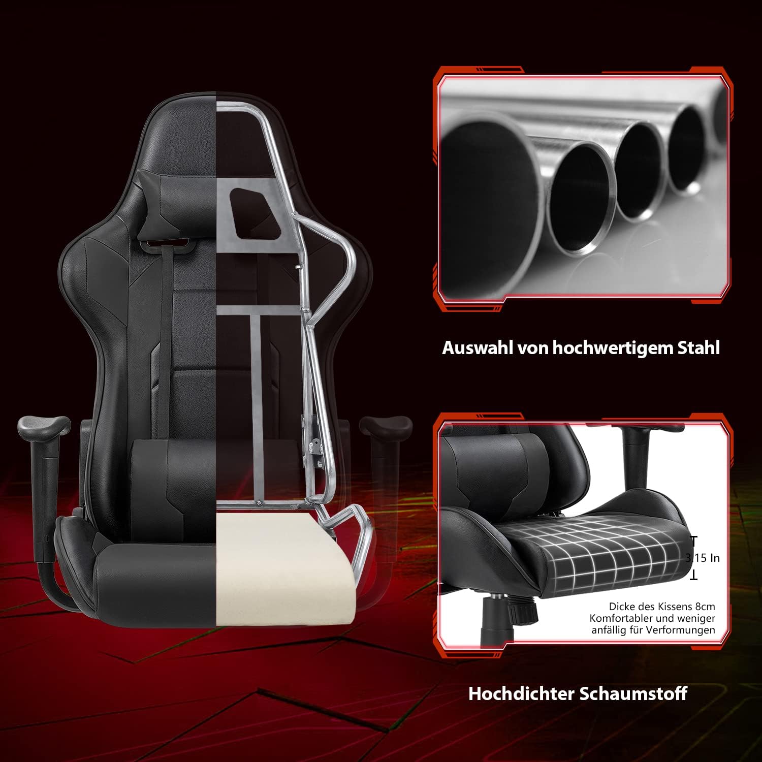 Wewnętrzna struktura krzesła ukazująca stalową ramę i piankę o wysokiej gęstości