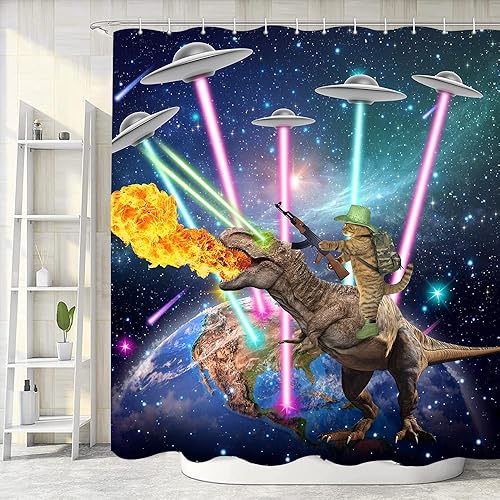 Miniatura 4 de Divertido juego de cortina de ducha para baño, diseño de gato lindo dinosaurio en el espacio exterior, universo, fantasía, galaxia, hilarante, tela