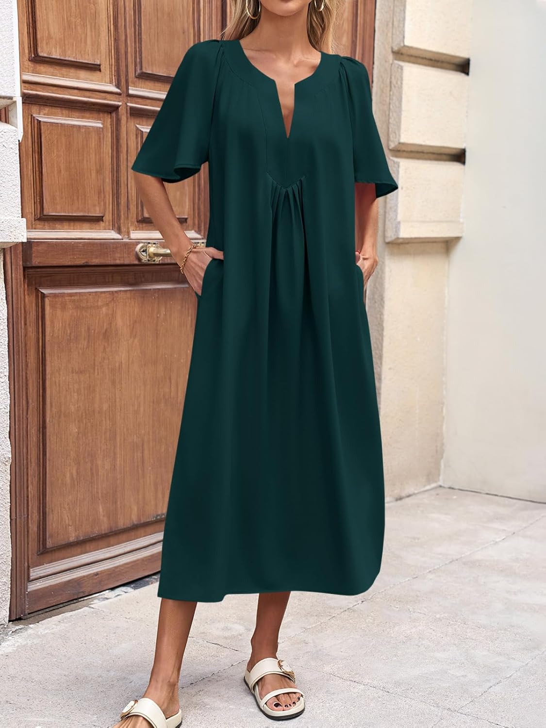 Wenrine Womens Flutter Short Sleeve Maxi Dress Casual V Neck Side Slit Pleated Loose Flowy Summer Dresses - Image 2