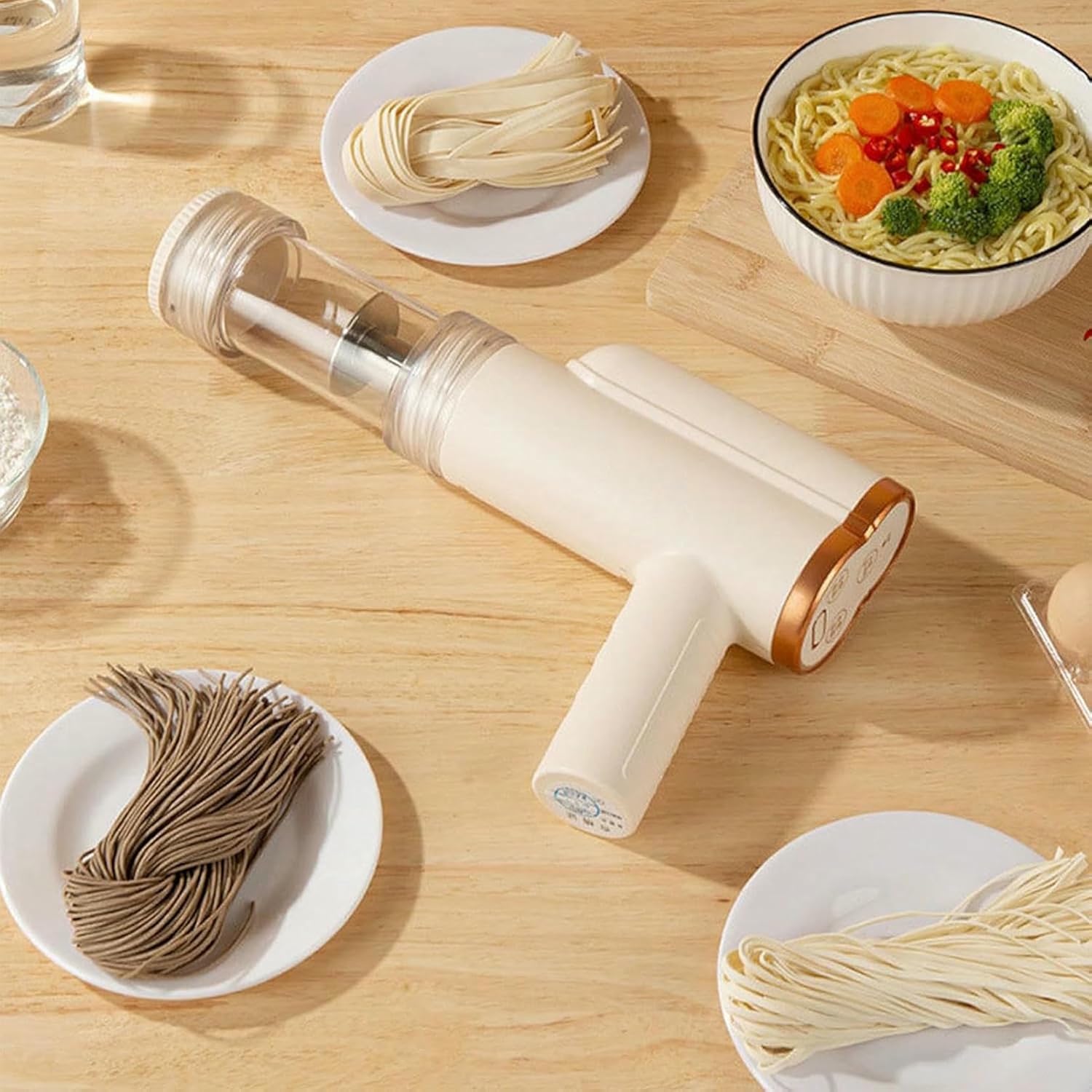 Household Electric Pasta Maker with 4 Shaping Molds and Cutter, Portable Automatic Noodle Pressing Machine Multi-Function Small Cordless Noodle Machine for Kitchen