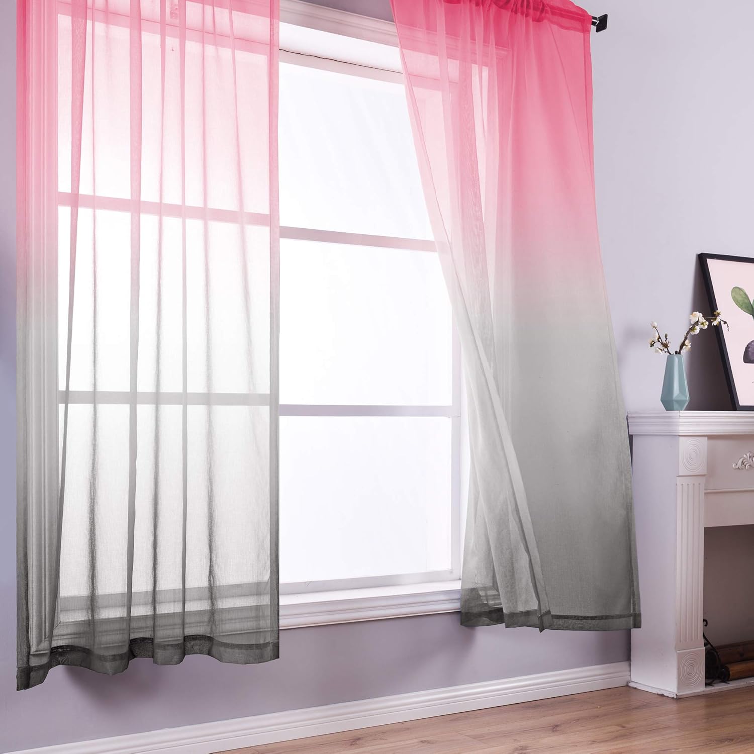 KOUFALL Pink and Grey Curtains for Bedroom Decor Set of 2 Panels Rod Pocket Ombre Window Sheer Curtains for Girls Room Decorations Baby Nursery Living Room 52 x 84 Inches Long Pink Gray
