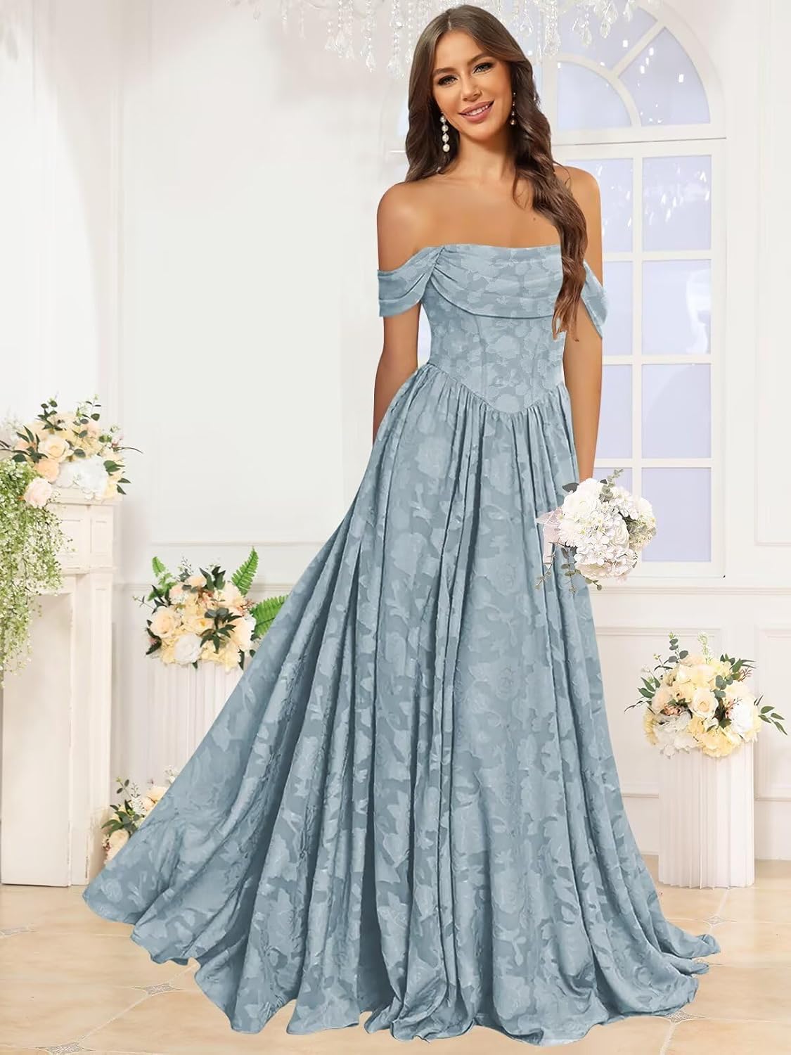 Jacquard Chiffon Bridesmaid Dresses Long Off The Shoulder Formal Evening Dress for Women - Image 2