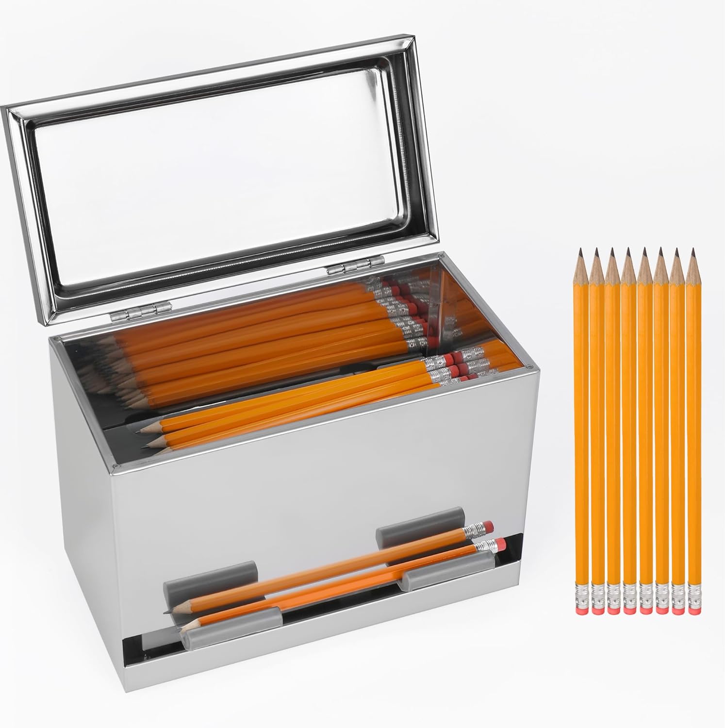 Keono Pencil Dispenser for Classroom & Office Stainless Steel Pencil Dispenser Holder, Includes 50 Pre-Sharpened Pencils - Easy-Push Tabs, Non-Slip Rubber Feet - Metal Container for up to 200 Pencils