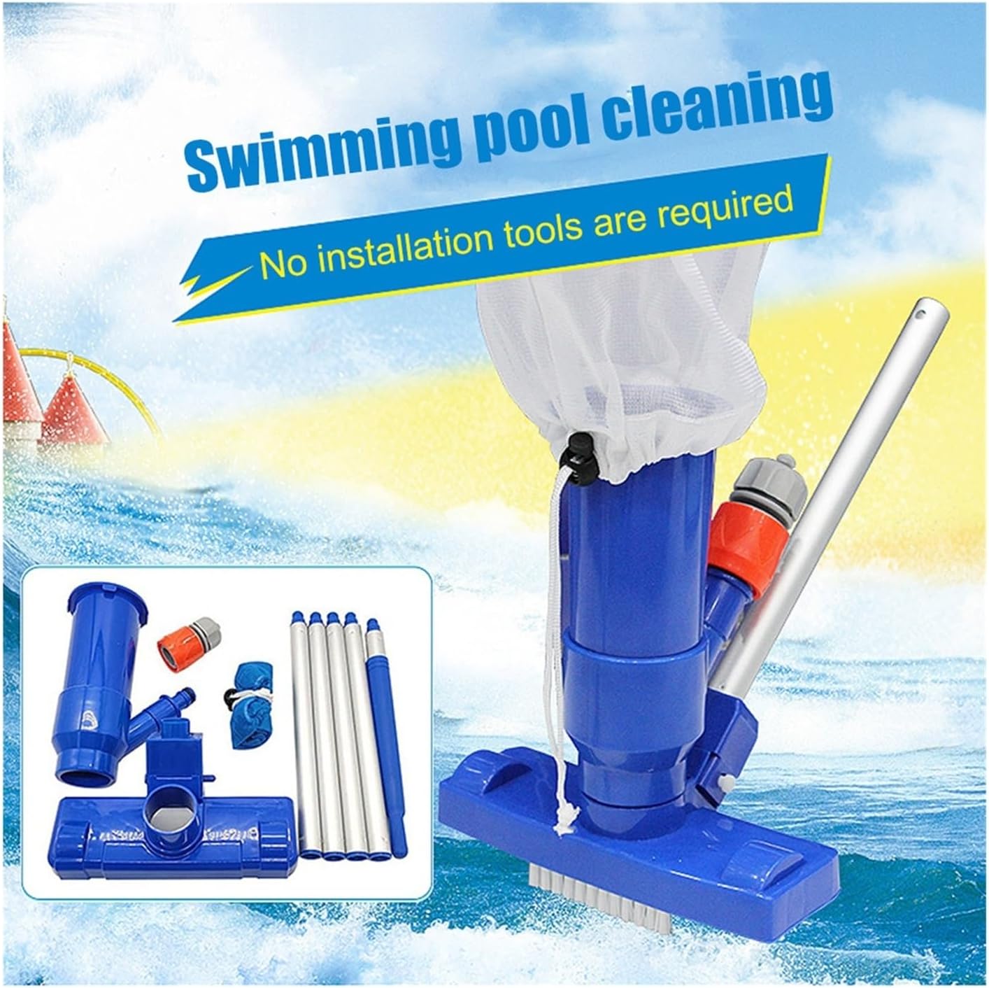 Pool Bottom Cleaning Net Tool with Long Handle Pool Brush Portable for Above Ground Swimming Pools