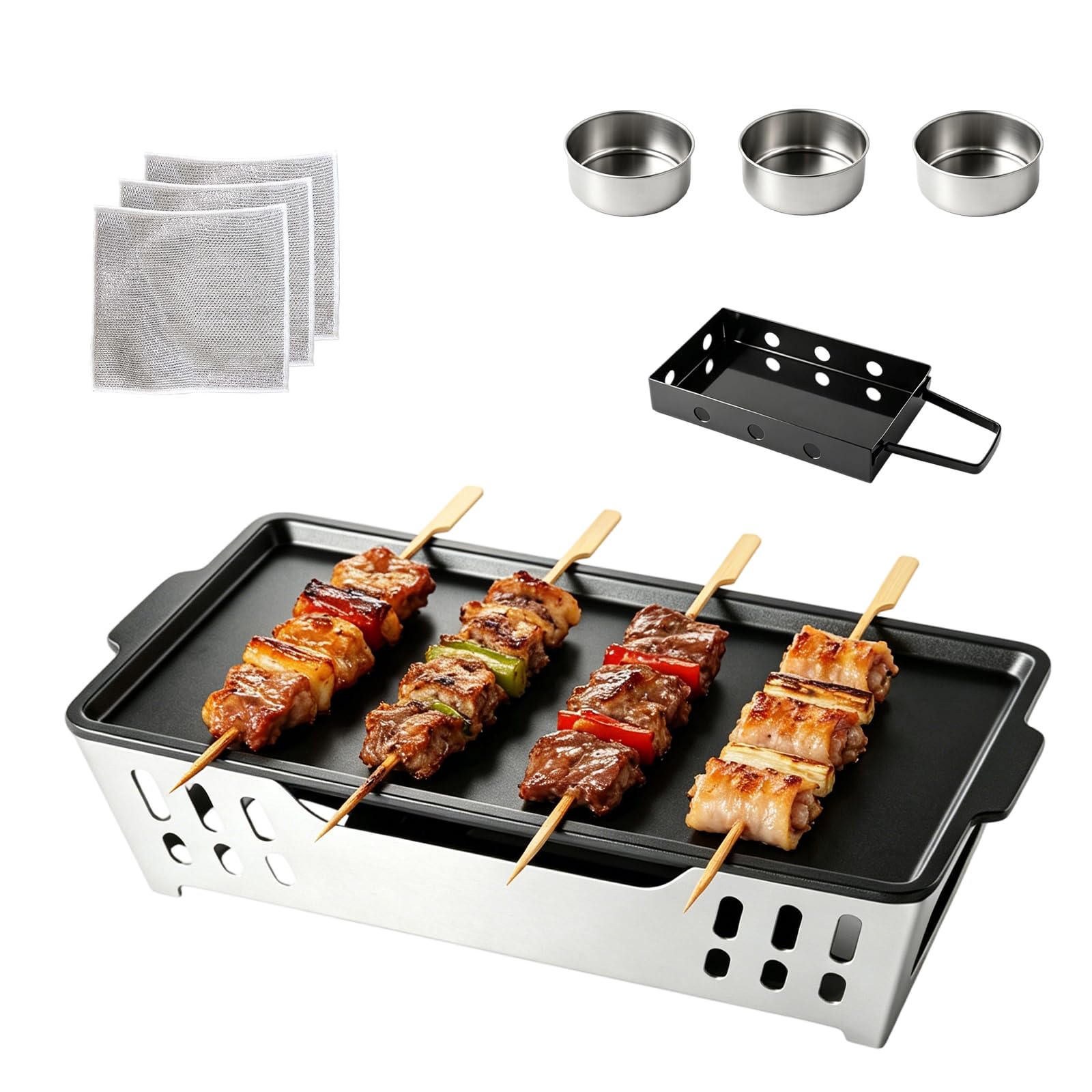 Piastra calda per barbecue, contenitore per alimenti e grigliate, piastra in alluminio antiaderente con tre portacandele in acciaio inox, accessorio per barbecue, per giardino, campeggio e barbecue