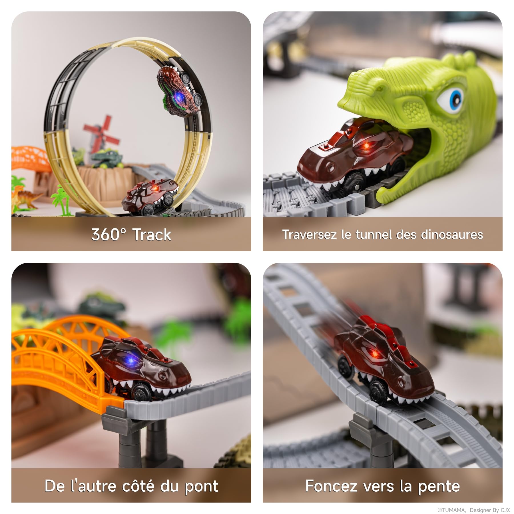 TUMAMA Circuit De Voiture Dinosaure Jouet Pour Enfant 3 5 6 9 Ans, 255 Pièces Dinosaures Électrique Circuit De Course Avec 2 Camions, Jouets Train Track Chantier Set, Flexibles Educatif Véhicules Jeux