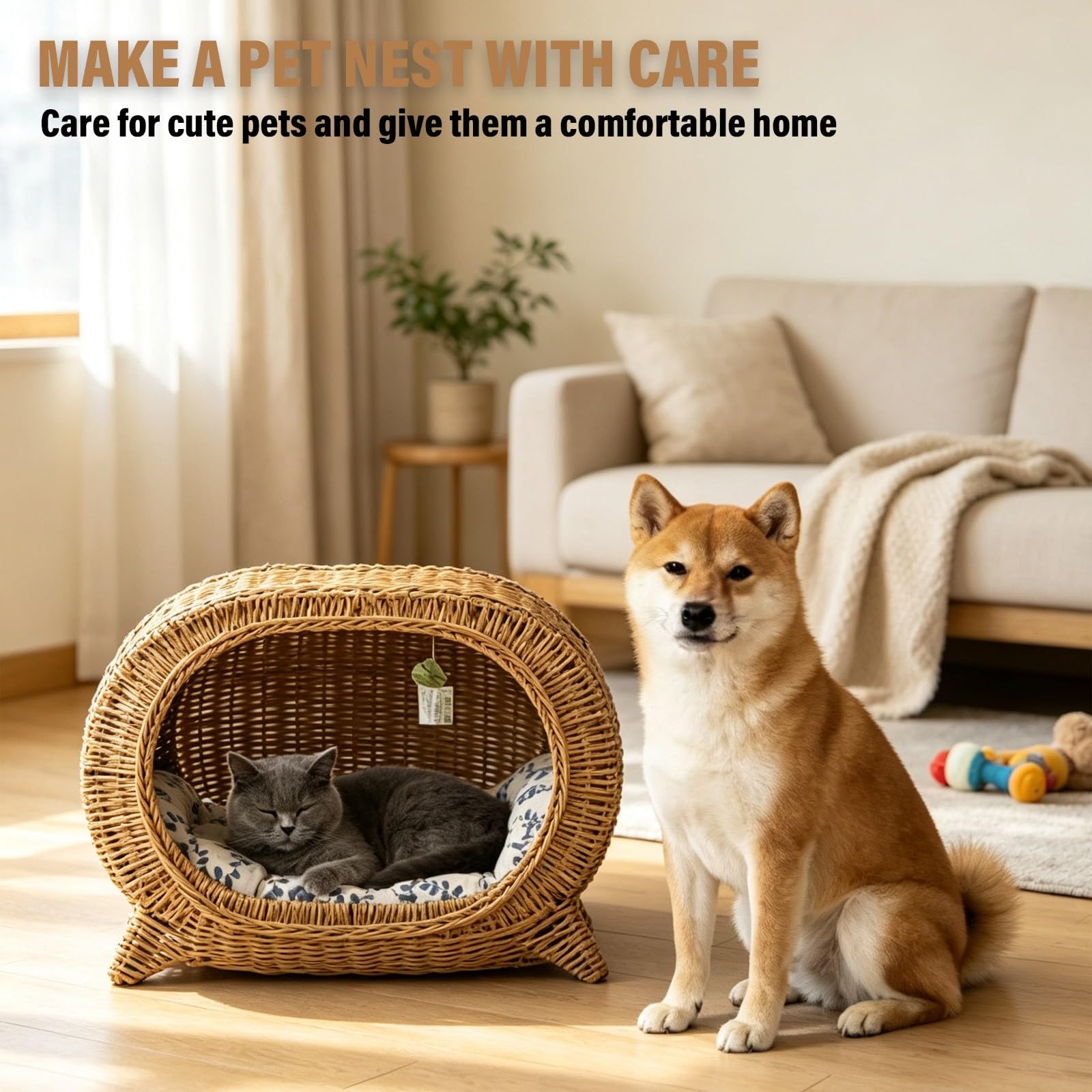 Cestino per Animali Domestici in Vimini Resistente, Fatto a Mano e Lavabile, Adatto a Tutte Le Stagioni, per Cani di Piccola Taglia.(Brown,Oval)