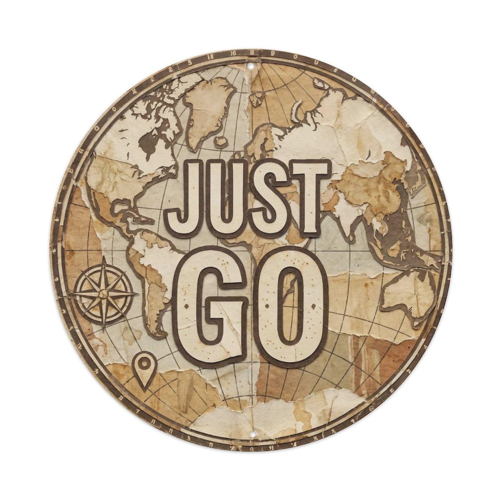 Vintage World Map with Compass Just Go Gait Metal Tin Sign