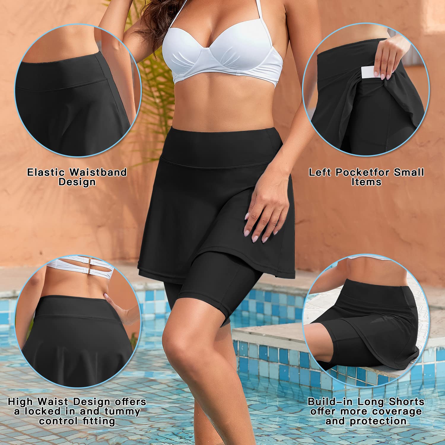 WOWENY Bademode Damen Bauchweg Sportrock Schwimmrock Rock Strand Mit Innenslip Schnell Trocknendes Wassersport Badeshorts
