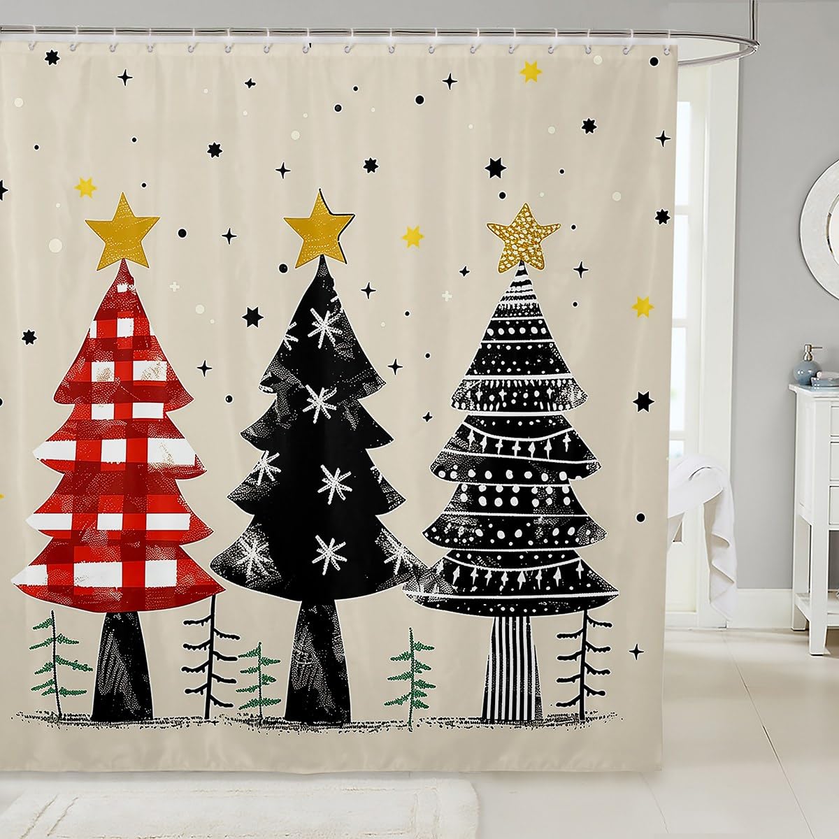 Rideau de douche sapins de Noël pour une salle de bain style chalet rustique