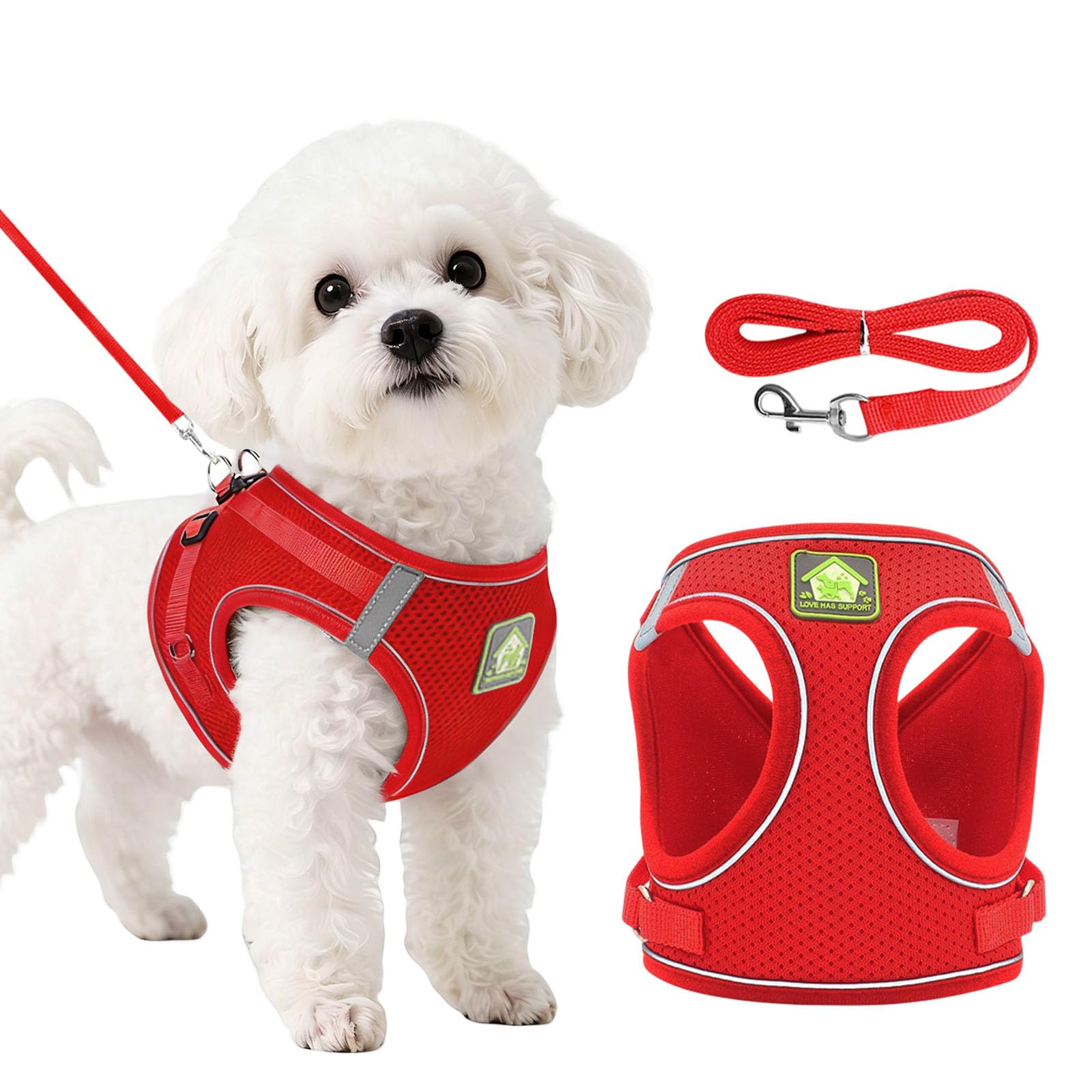 DOINEUFL Puppy Harness, Dog Harness and Leash Set, Soft Mesh Reflective Breathable Lightweight Vest-Style Dog Harness with Safety Buckle for Small and Medium Dogs, Cats, Puppies (Red, S)