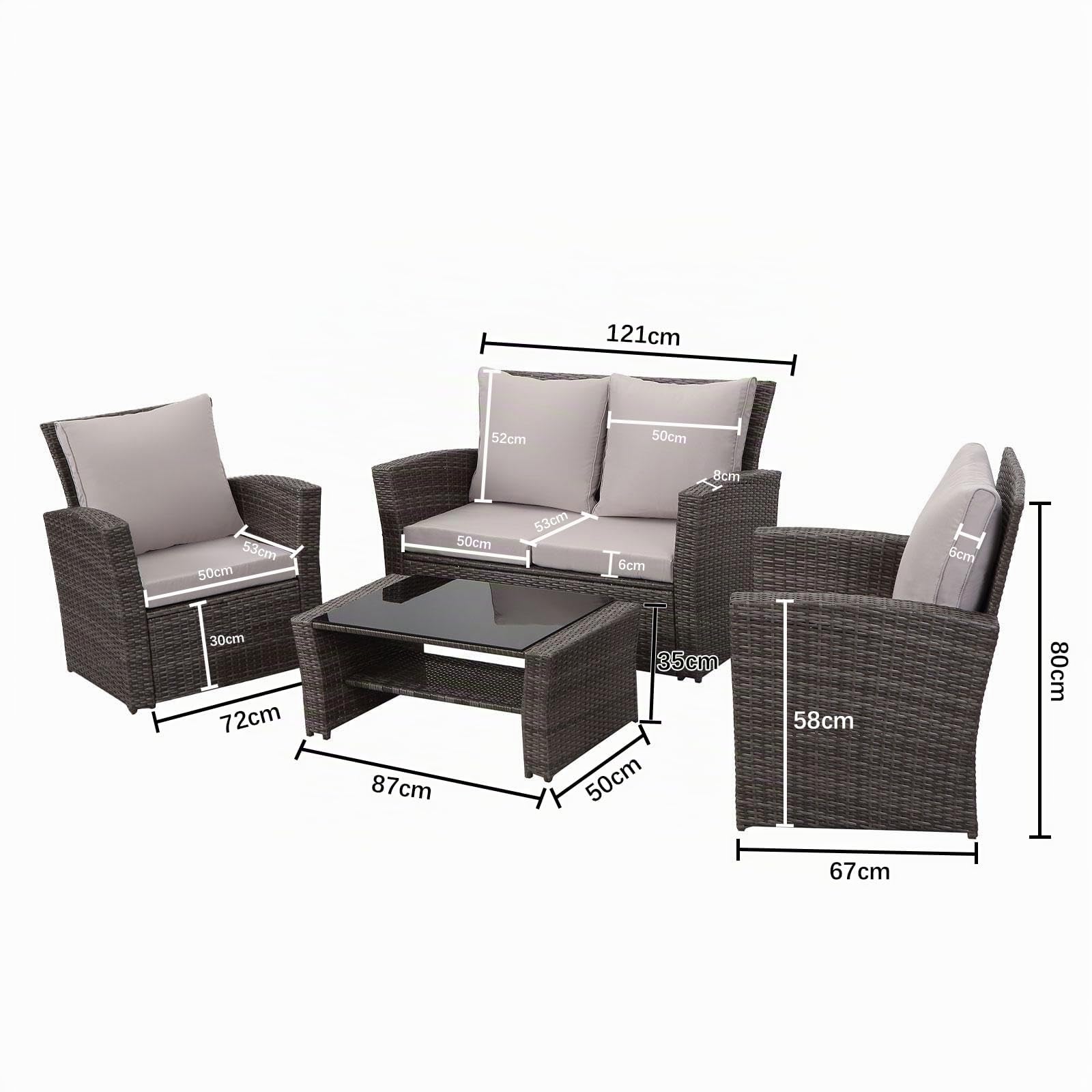 GLP Balkonmöbel Set 4 Personen Polyrattan Gartenmöbel Set Lounge Terrassenmöbel Wetterfest mit 2-Sitzer Sofa Sessel Couchtisch Auflagen Kissen für Garten Balkon Terrasse Outdoor (Grau & Hellgrau)