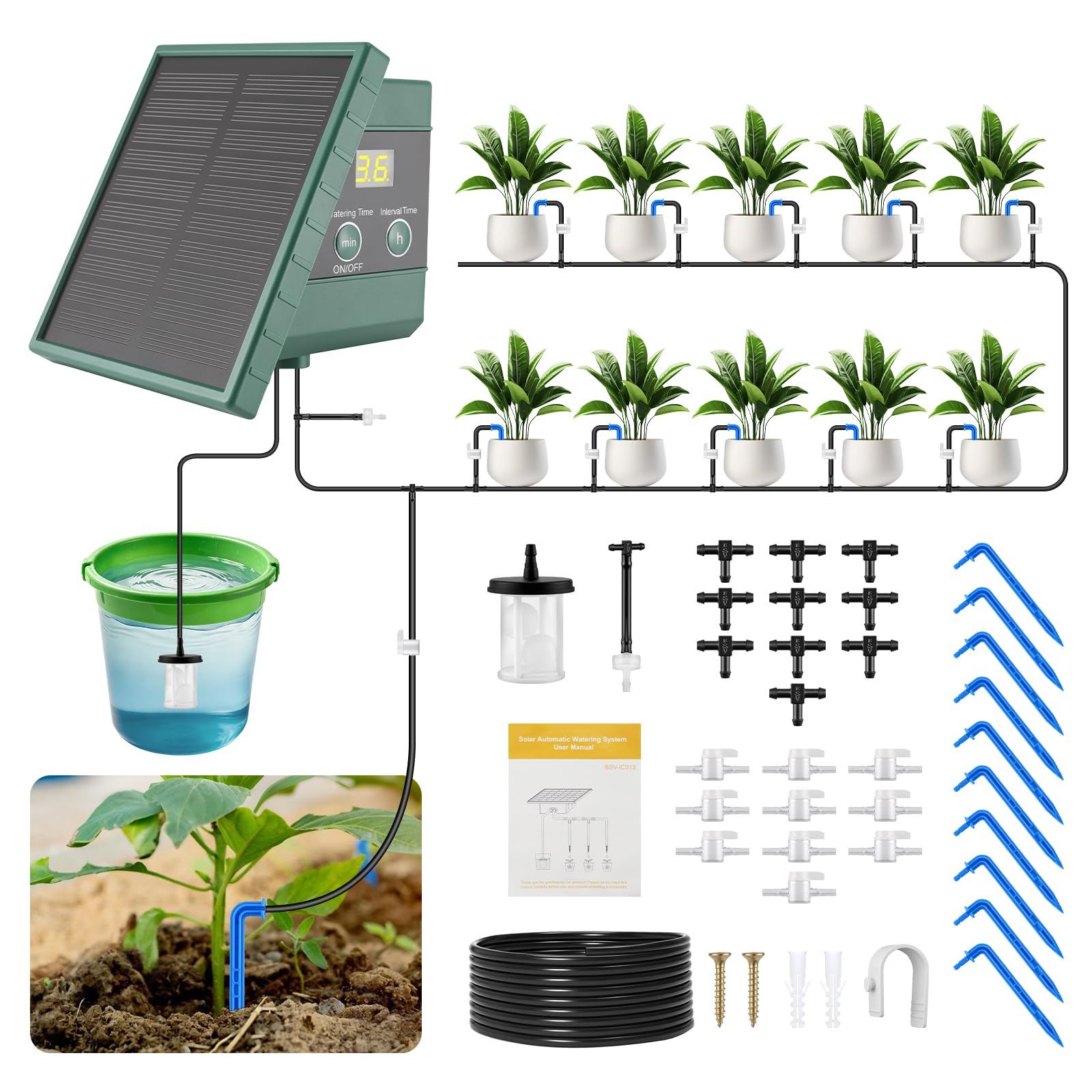 Solar Irrigation System Kits with Timer, Automatic Garden Watering System Greenhouse Solar Drip Irrigation System for Outdoor Indoor Potted Plants Balcony Vegetables (400ML/min)