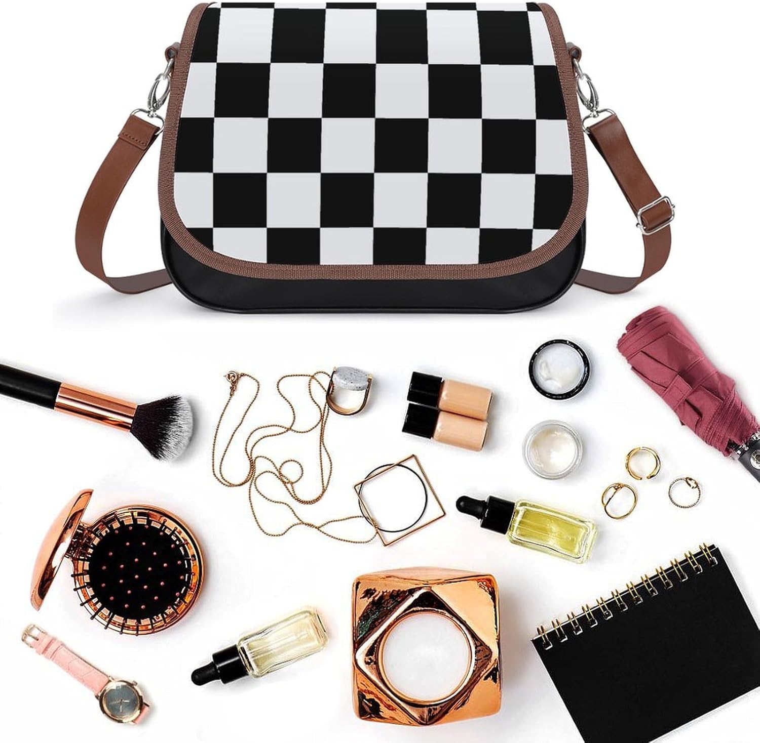 Black And White Checkered_61380266Women's Faux Leather Crossbody Bag, Waterproof Wrinkle-Resistant Shoulder Bag with Detachable Strap, Large Capacity Casual Handbag, Fashion Daily Purse for Shopping W