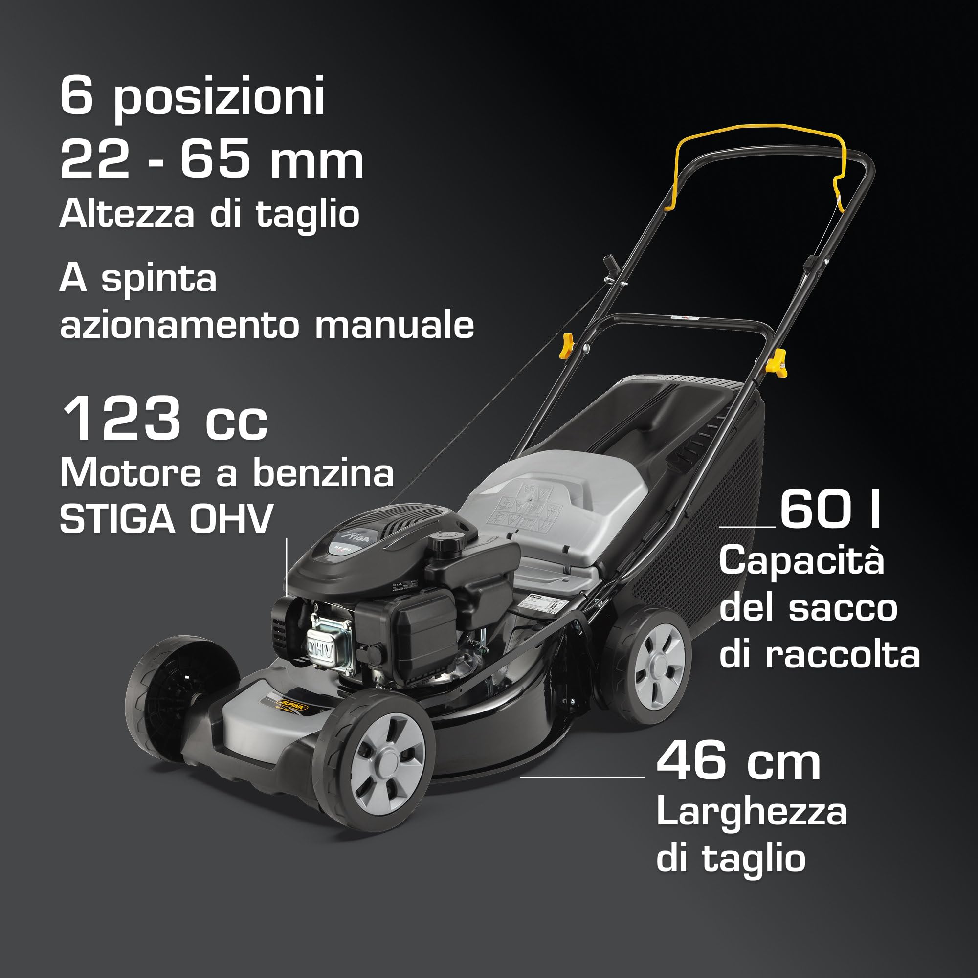 Alpina AL4 46 A Tagliaerba a Spinta, 125 cc, 46 cm – Sacco 60 L, Regolaz. Centralizzata 6 Posizioni – Prati fino a 1.200 m²