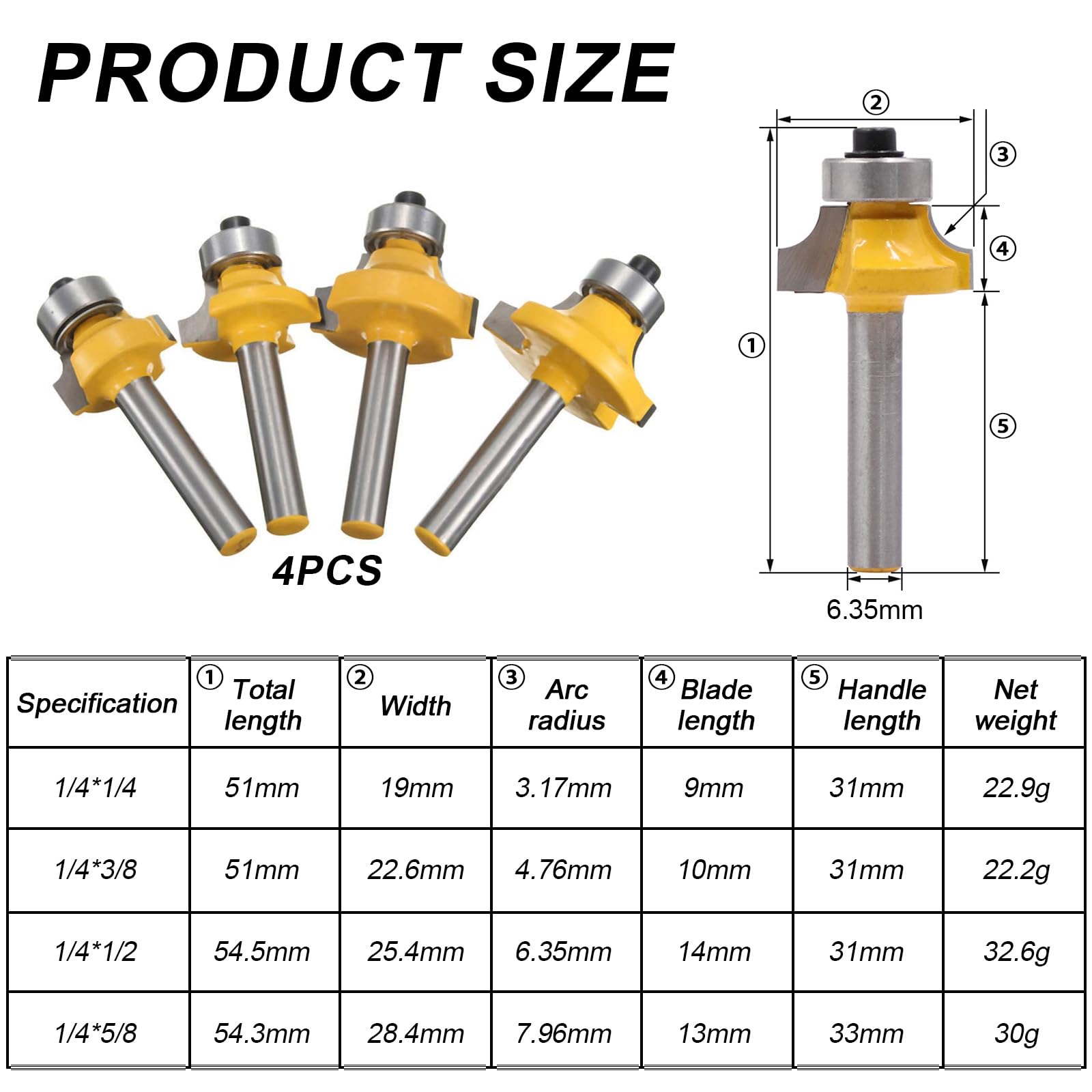 1/4 Inch Shank Round Over Router Bits Set, 4 Pcs Rounding Over Router Bits (1/4", 1/8", 3/16", 5/16") Radius - Image 2