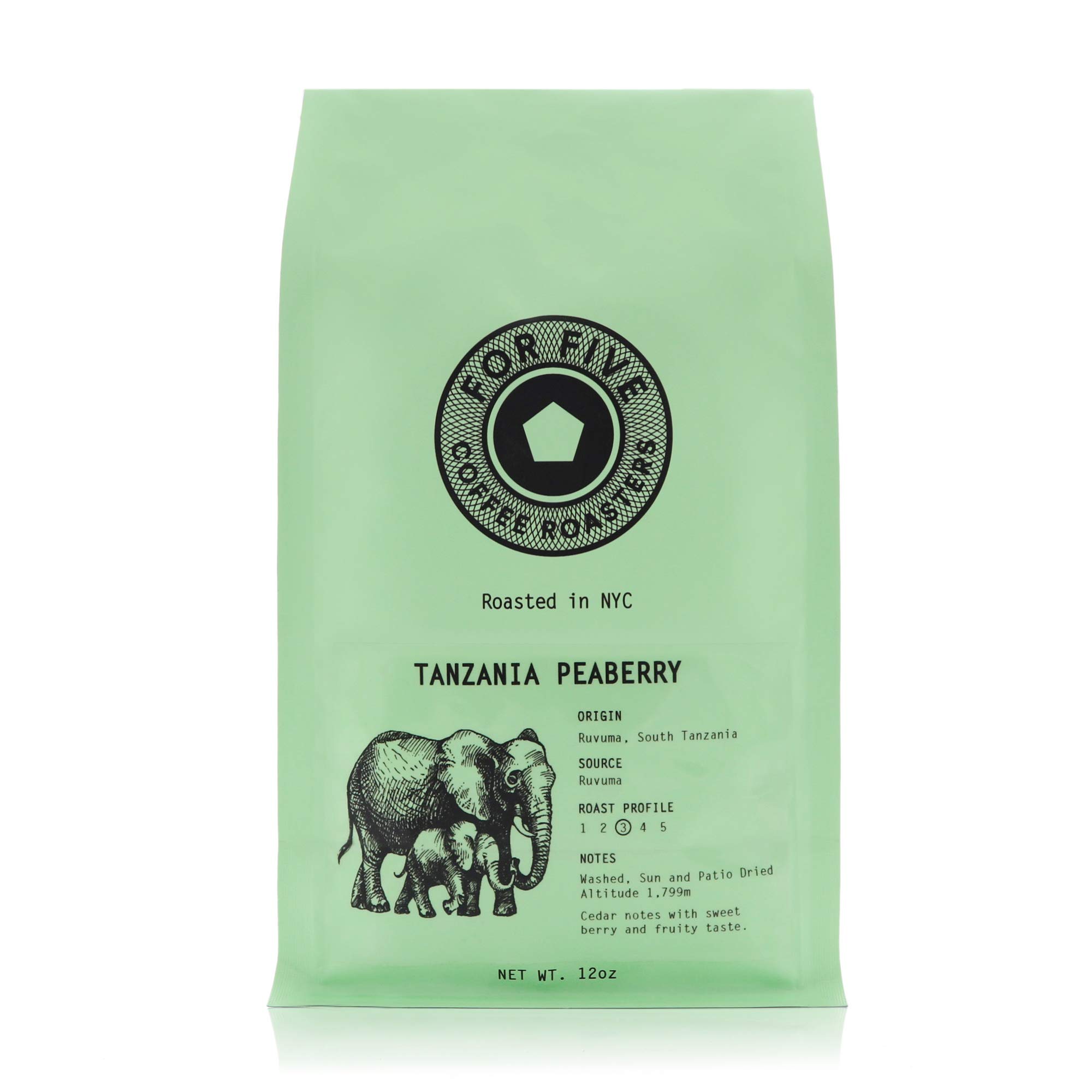 For Five Coffee Roasters - Roasted In NYC - Tanzania Peaberry Medium Roast (Origin: Ruvuma, South Tanzania), Whole Bean 12oz