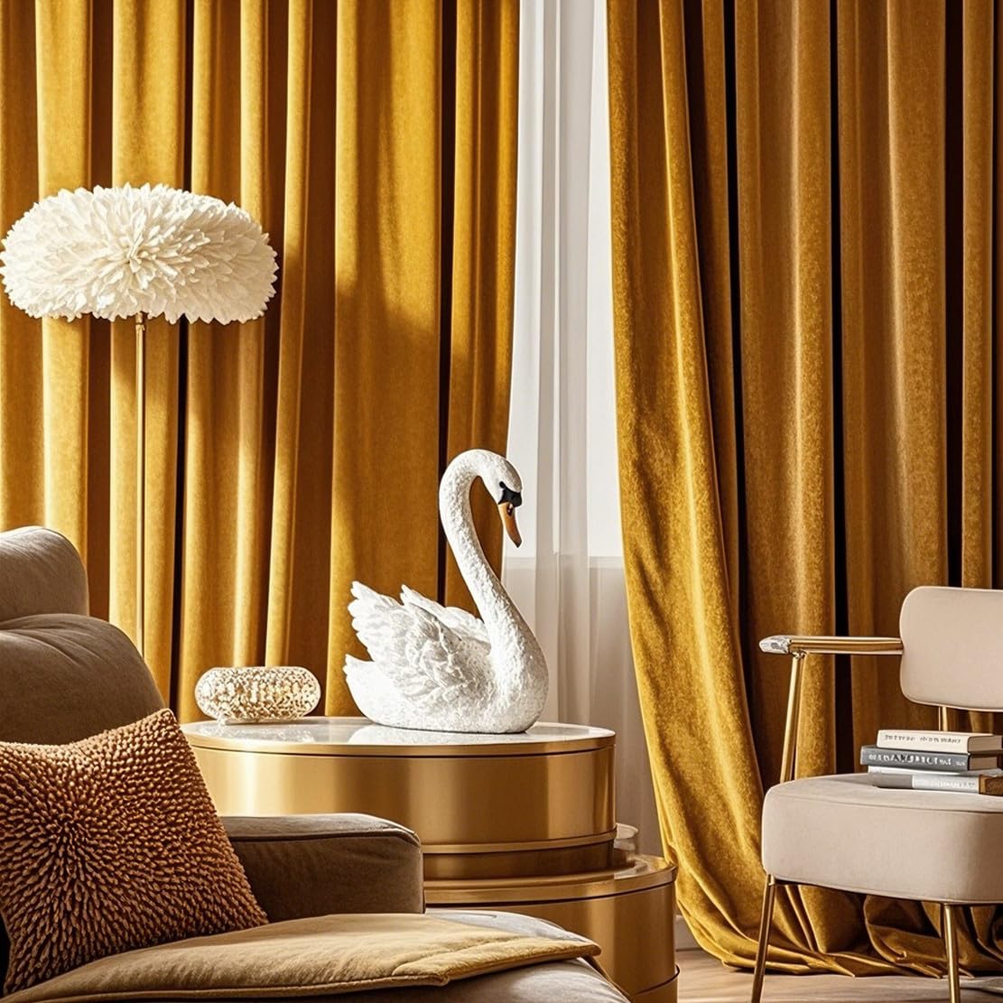 MYRU 1 Pair Nordic Velvet Curtains Eyelet Luxury Gold Curtains for Bedroom and Living Room(Golden Yellow,2 x 66x84 Inch,460GSM Velvet Fabric)